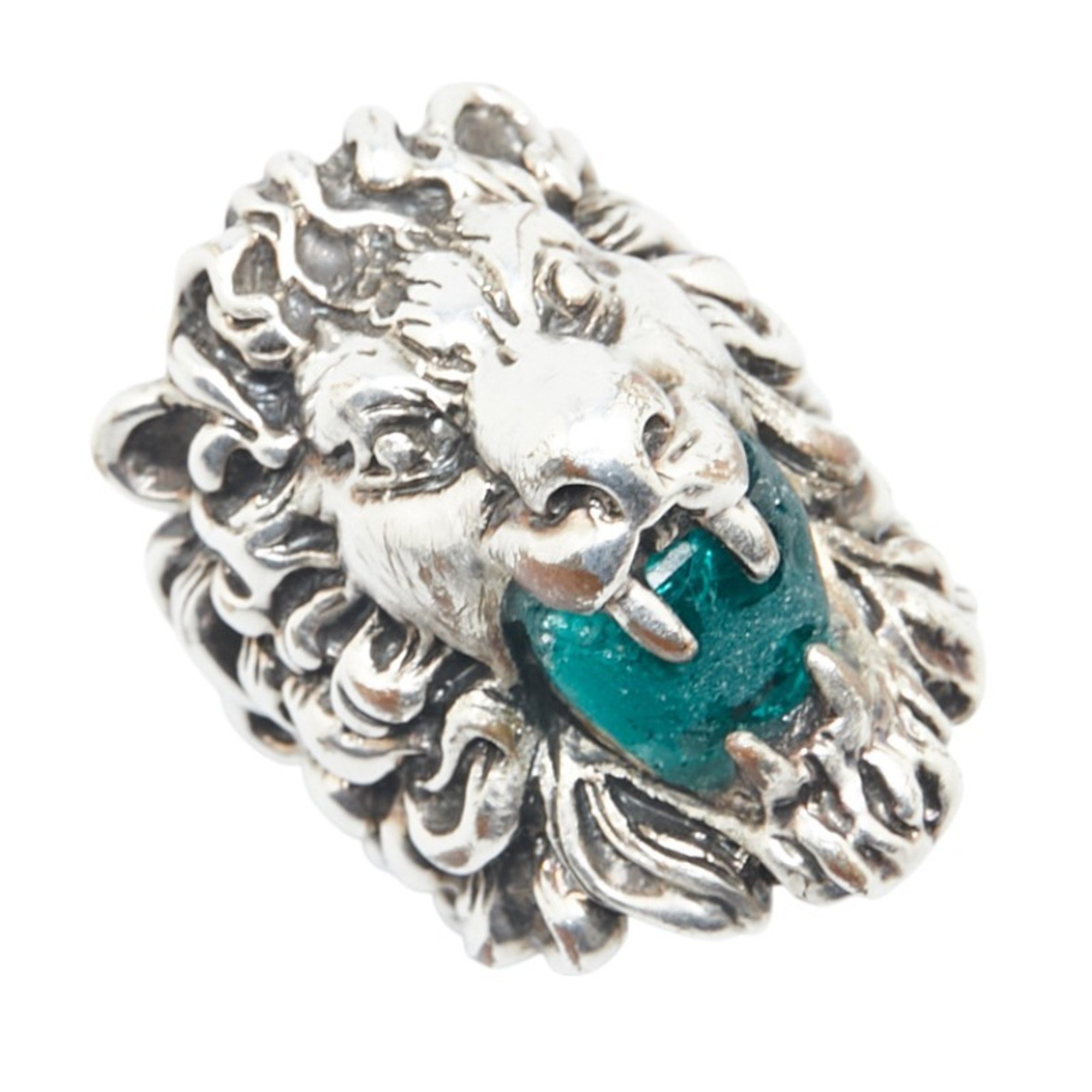 Gucci Lion Head Color Stone Ring #53 Silver Green Metal Men's GUCCI