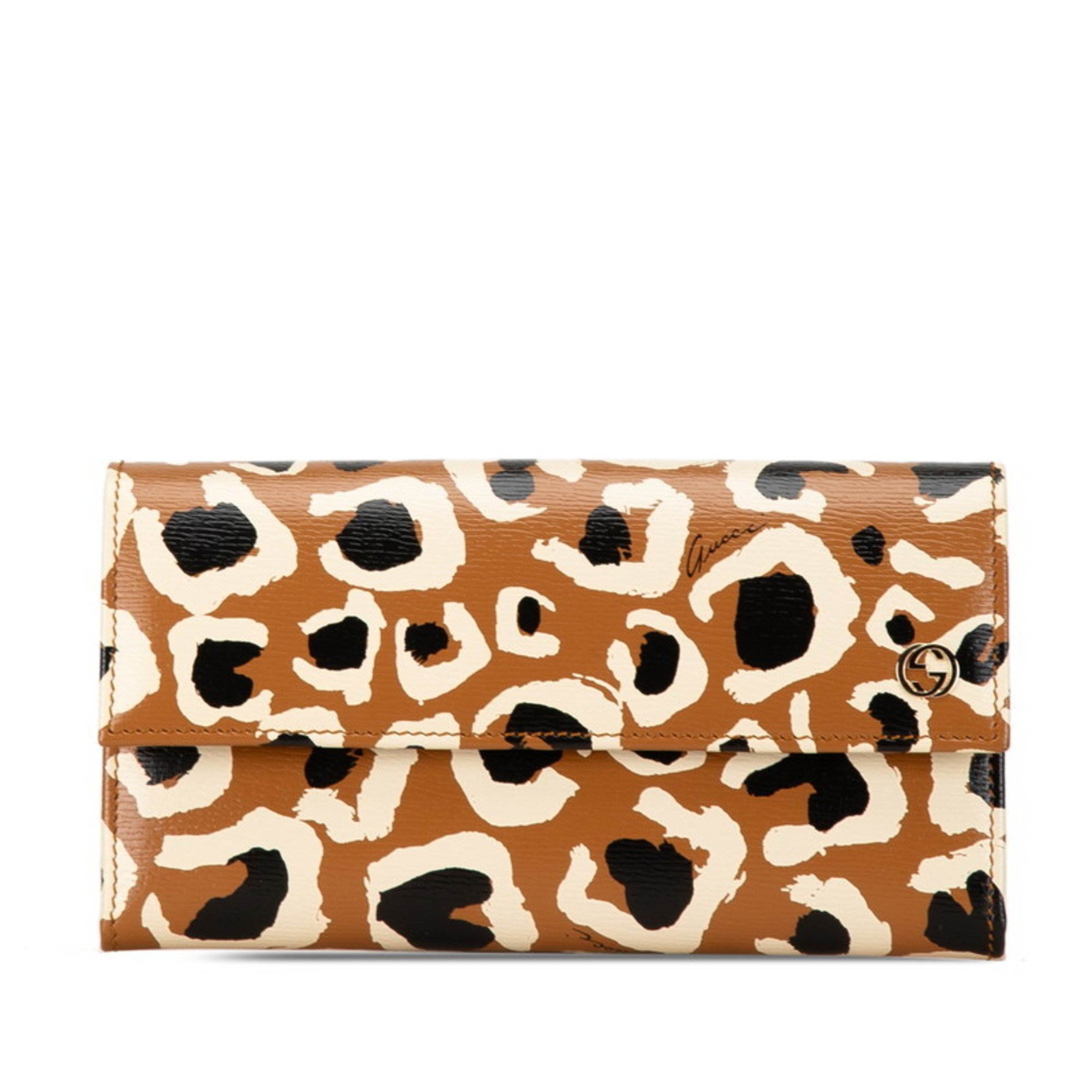 Gucci Leopard Animal Long Wallet 309702 Brown Black Leather Women's GUCCI