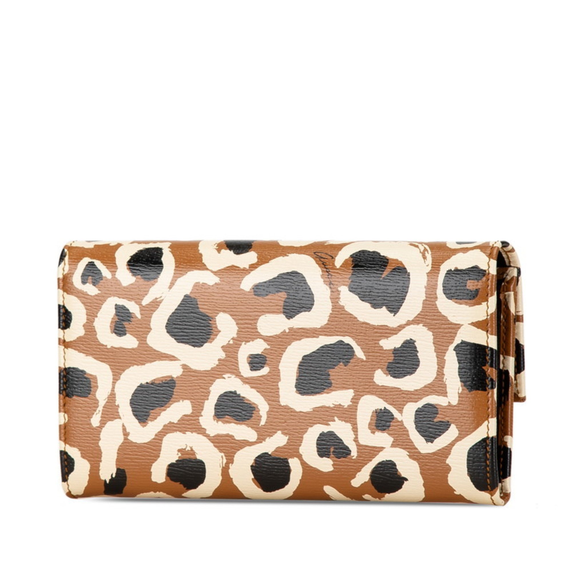 Gucci Leopard Animal Long Wallet 309702 Brown Black Leather Women's GUCCI