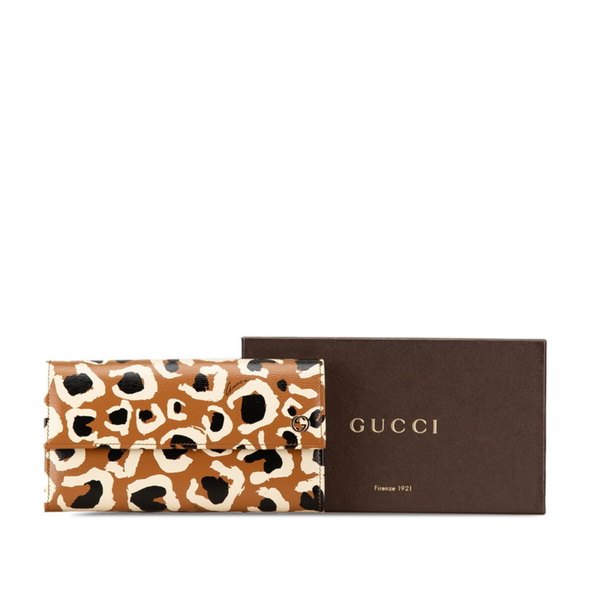 Gucci Leopard Animal Long Wallet 309702 Brown Black Leather Women's GUCCI