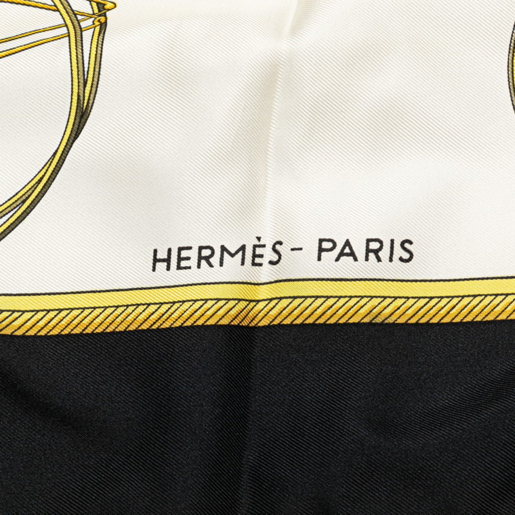 Hermes Carre 90 LES VOITURES A TRANSFORMATION Folding Carriage Scarf Muffler White Black Gold Silk Women's HERMES