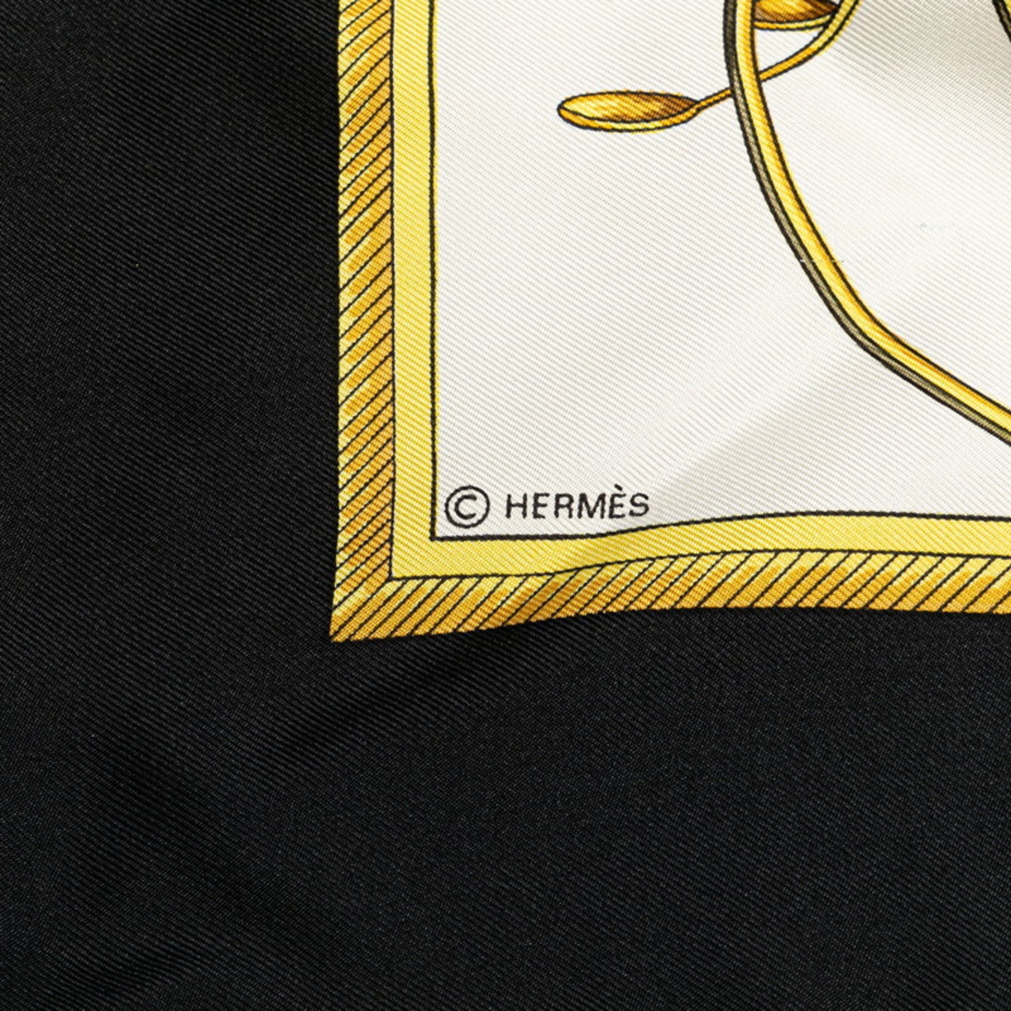 Hermes Carre 90 LES VOITURES A TRANSFORMATION Folding Carriage Scarf Muffler White Black Gold Silk Women's HERMES