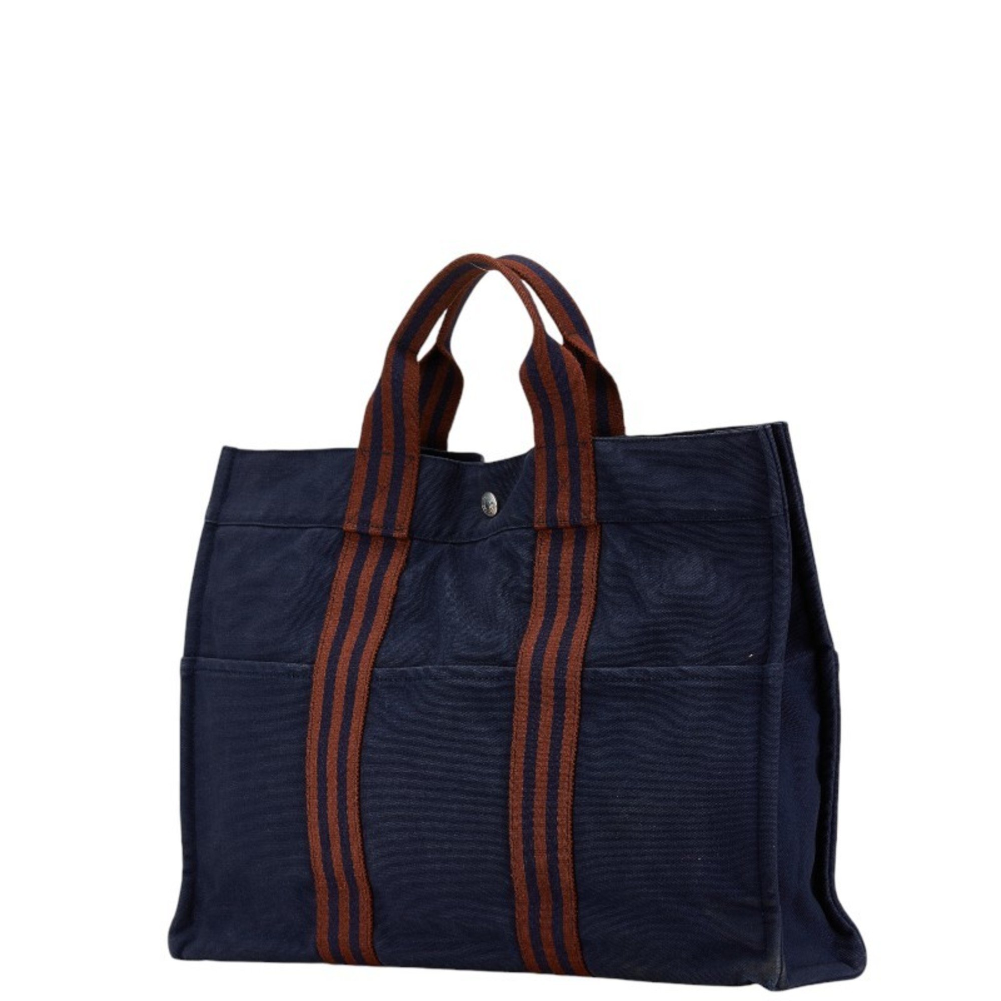 Hermes Foult MM Handbag Tote Bag Navy Brown Canvas Men's HERMES