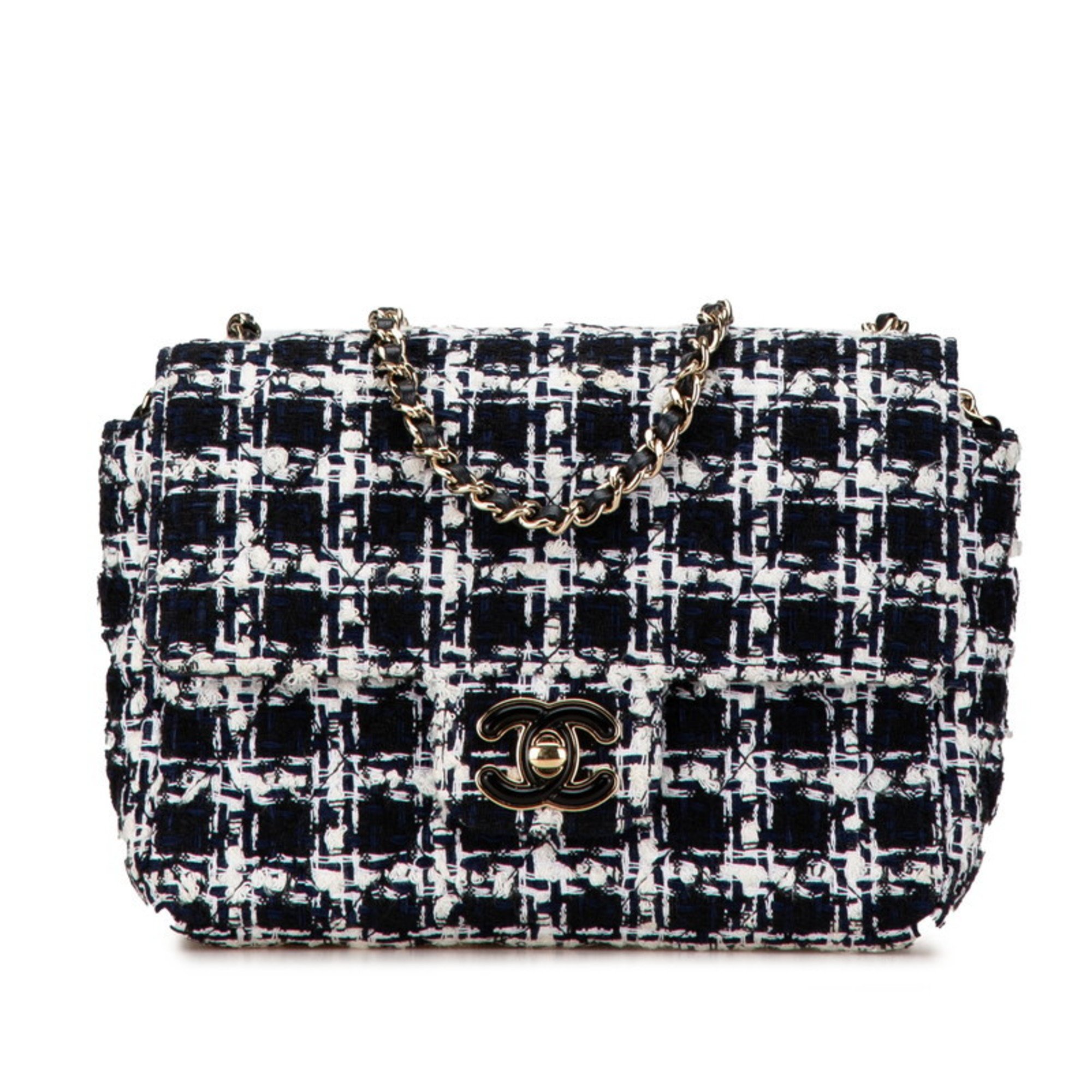 Chanel Matelasse Coco Mark Chain Shoulder Bag Navy White Tweed Leather Women's CHANEL