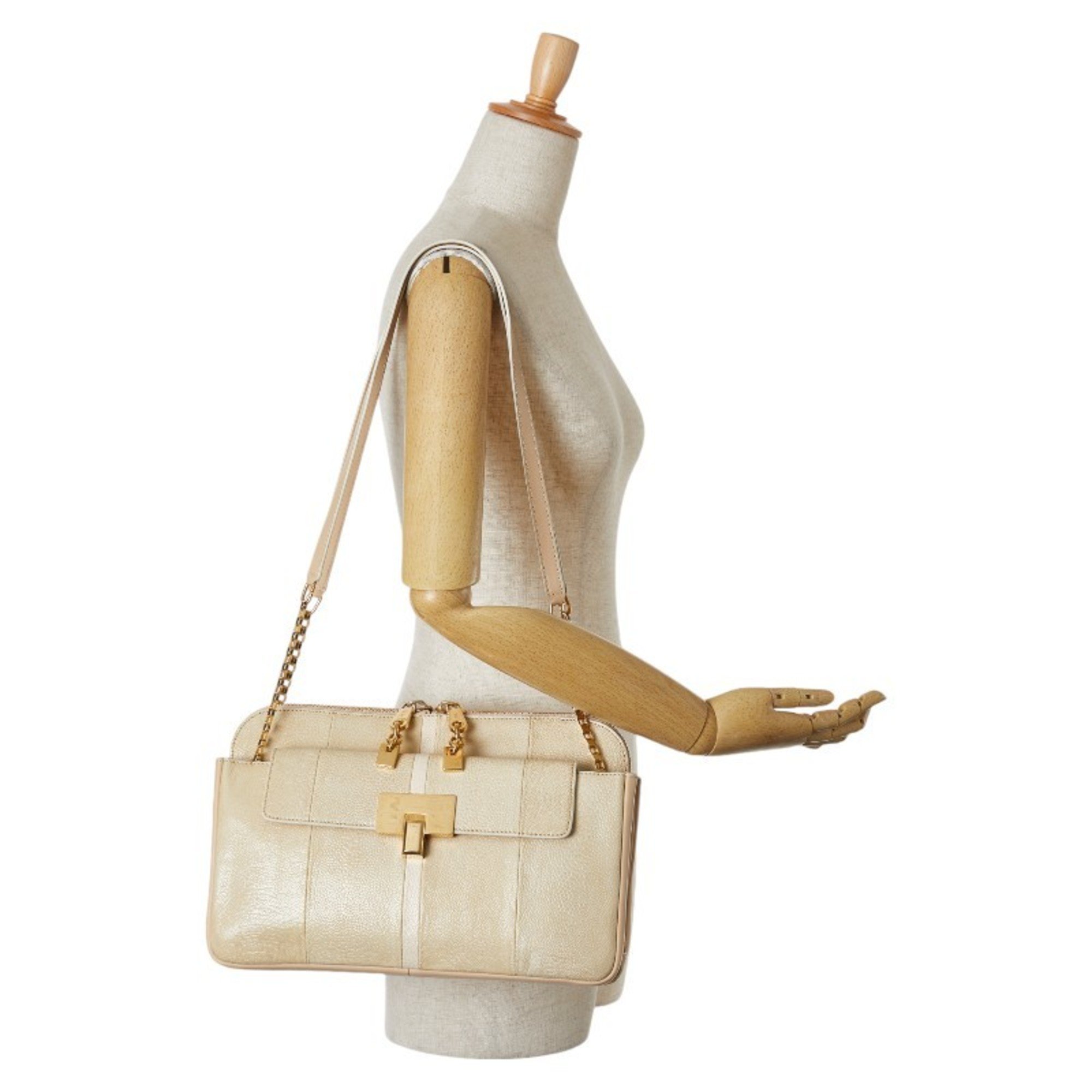 Chloé Chloe Lucy Chain Shoulder Bag Beige Ivory Leather Women's