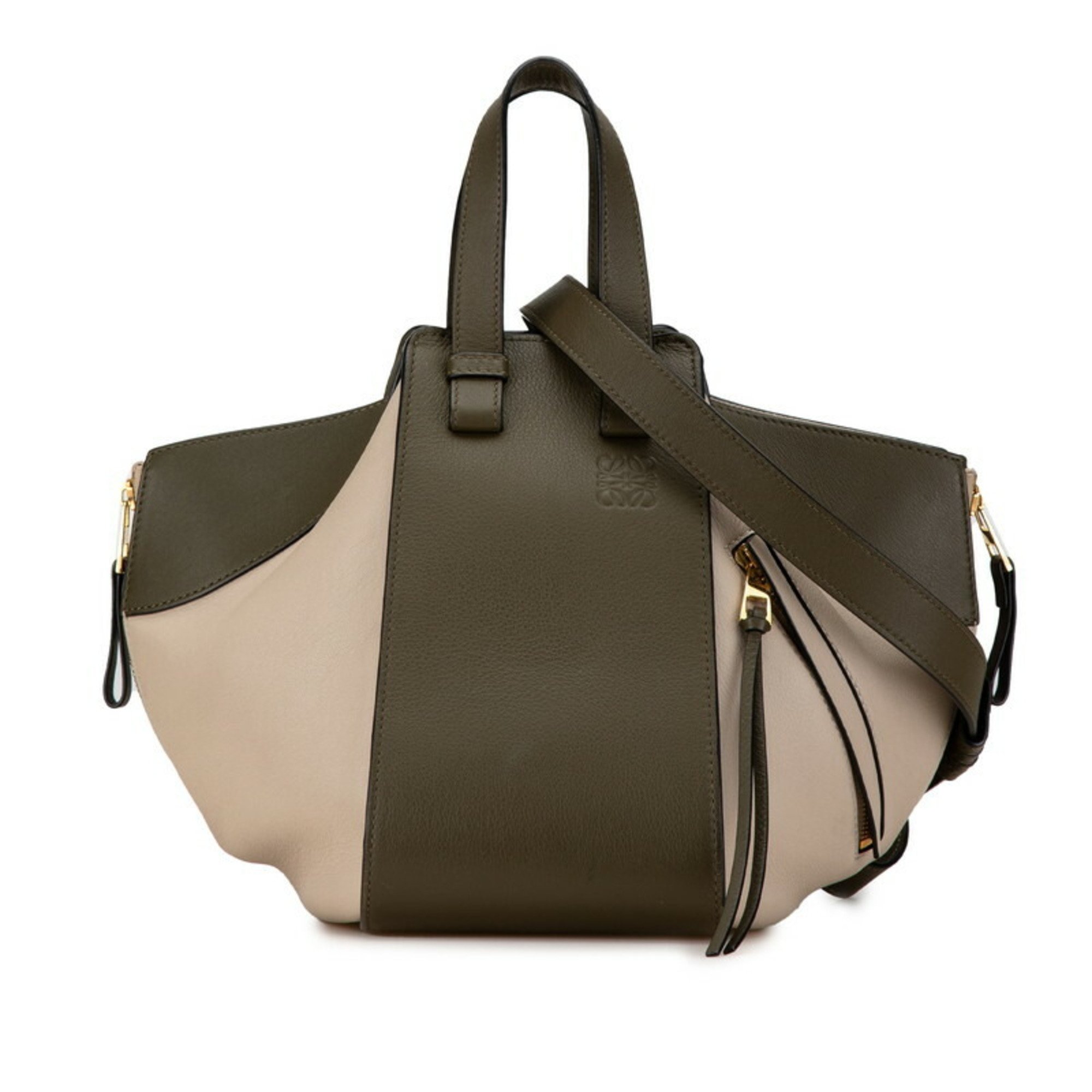 LOEWE Anagram Hammock Small Handbag Shoulder Bag Khaki Ivory Leather Women's