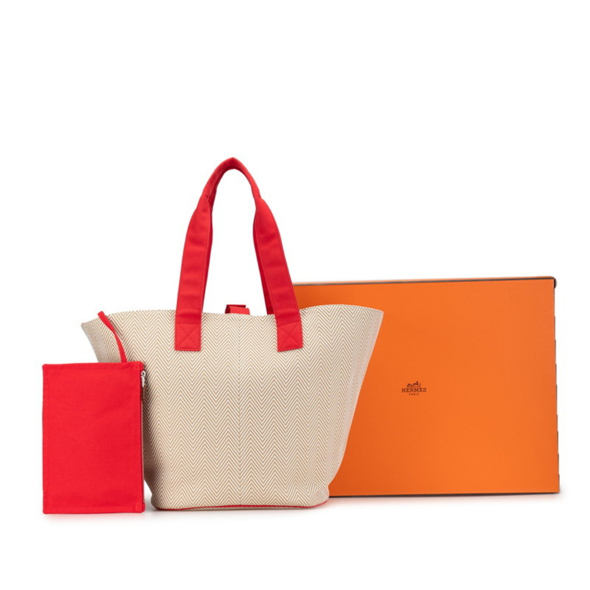 Hermes Panier de Plage PM Reversible Tote Bag Shoulder Beige Red Canvas Cotton Women's HERMES