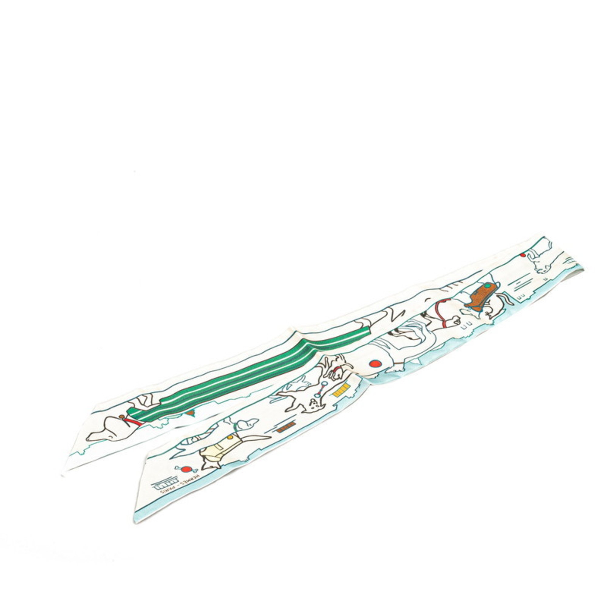 Hermes Twilly LES CHIENS PARISIENS Parisian Dog Scarf Muffler Crème Bleu Green Silk Women's HERMES