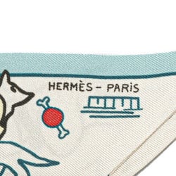 Hermes Twilly LES CHIENS PARISIENS Parisian Dog Scarf Muffler Crème Bleu Green Silk Women's HERMES