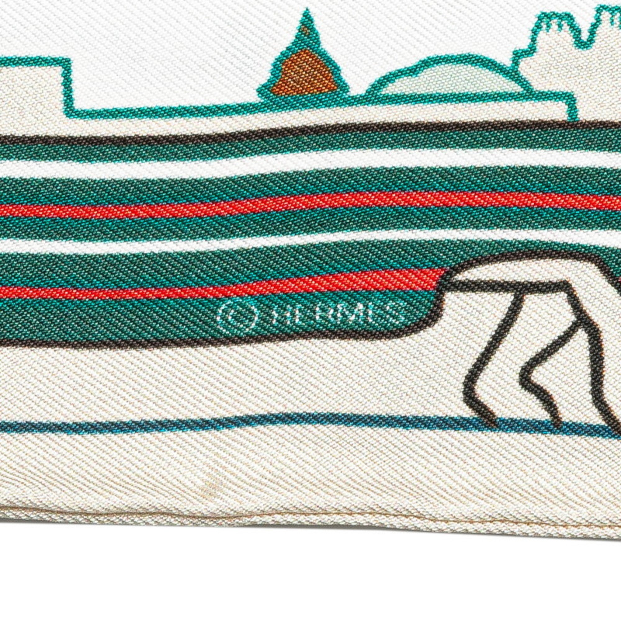 Hermes Twilly LES CHIENS PARISIENS Parisian Dog Scarf Muffler Crème Bleu Green Silk Women's HERMES