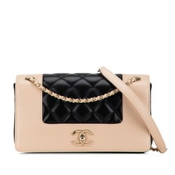 CHANEL Matelasse Mademoiselle Double Flap Coco Mark Chain Shoulder Bag Beige Black Lambskin Women's