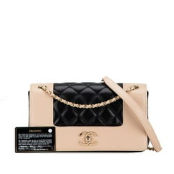 CHANEL Matelasse Mademoiselle Double Flap Coco Mark Chain Shoulder Bag Beige Black Lambskin Women's