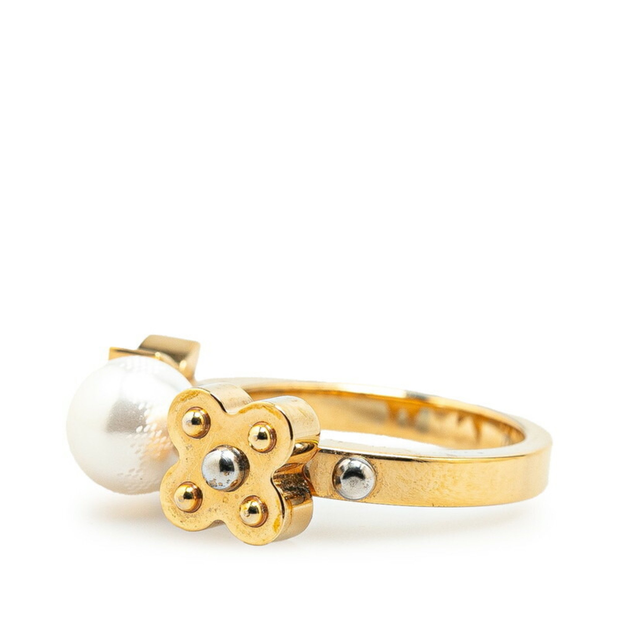 Louis Vuitton Charm Pearl Ring, Fake Pearl, Monogram Flower, Size #L, M75483, Gold Plated, Women's, LOUIS VUITTON