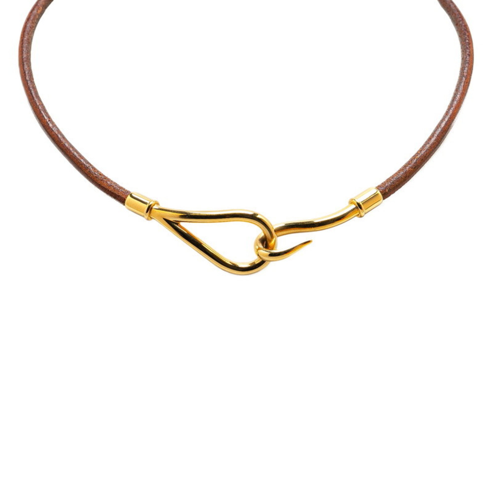 Hermes Jumbo Choker Necklace Brown Gold Leather Plated Women's HERMES