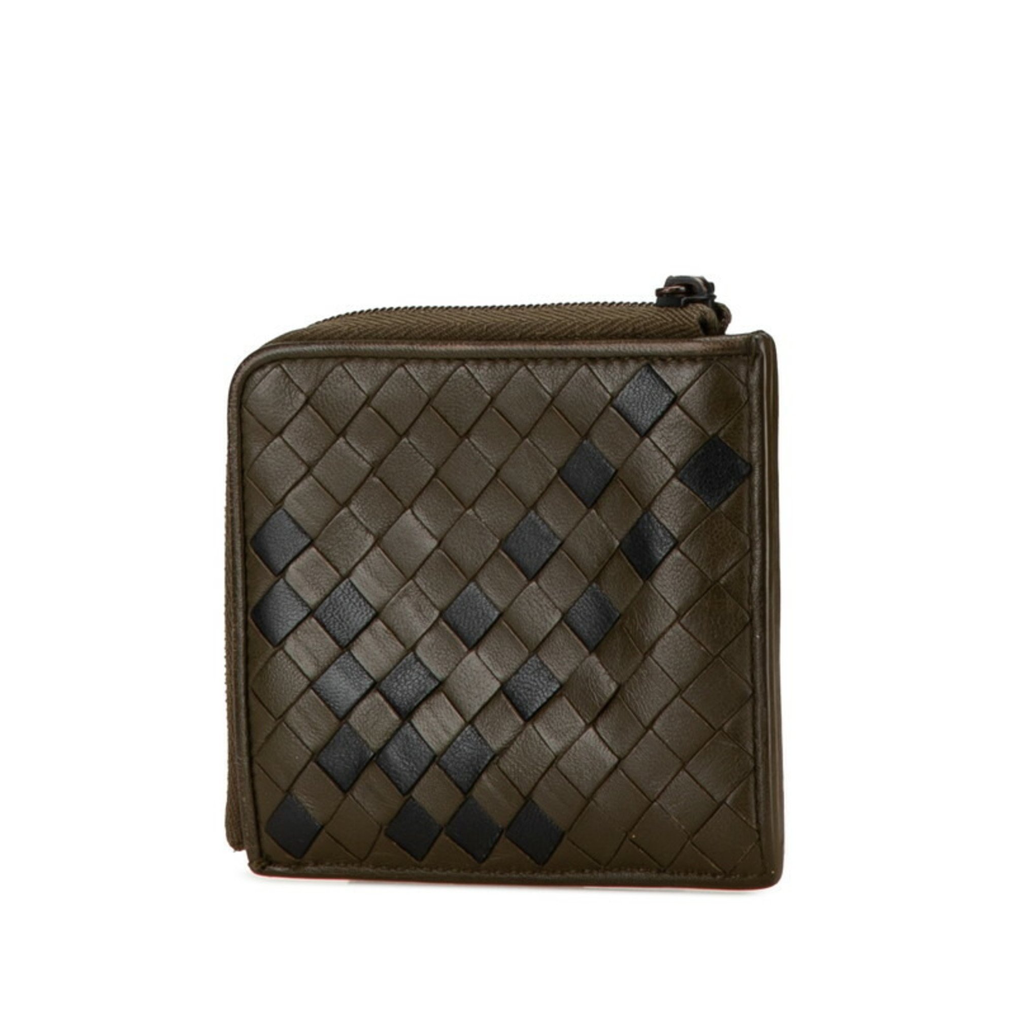 Bottega Veneta Intrecciato Coin Case, Khaki, Black, Leather, Women's, BOTTEGAVENETA