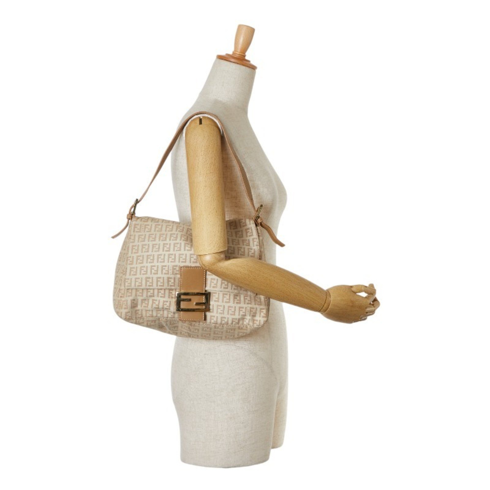 FENDI Zucchino Mamma Baguette Bag Beige Canvas Leather Women's