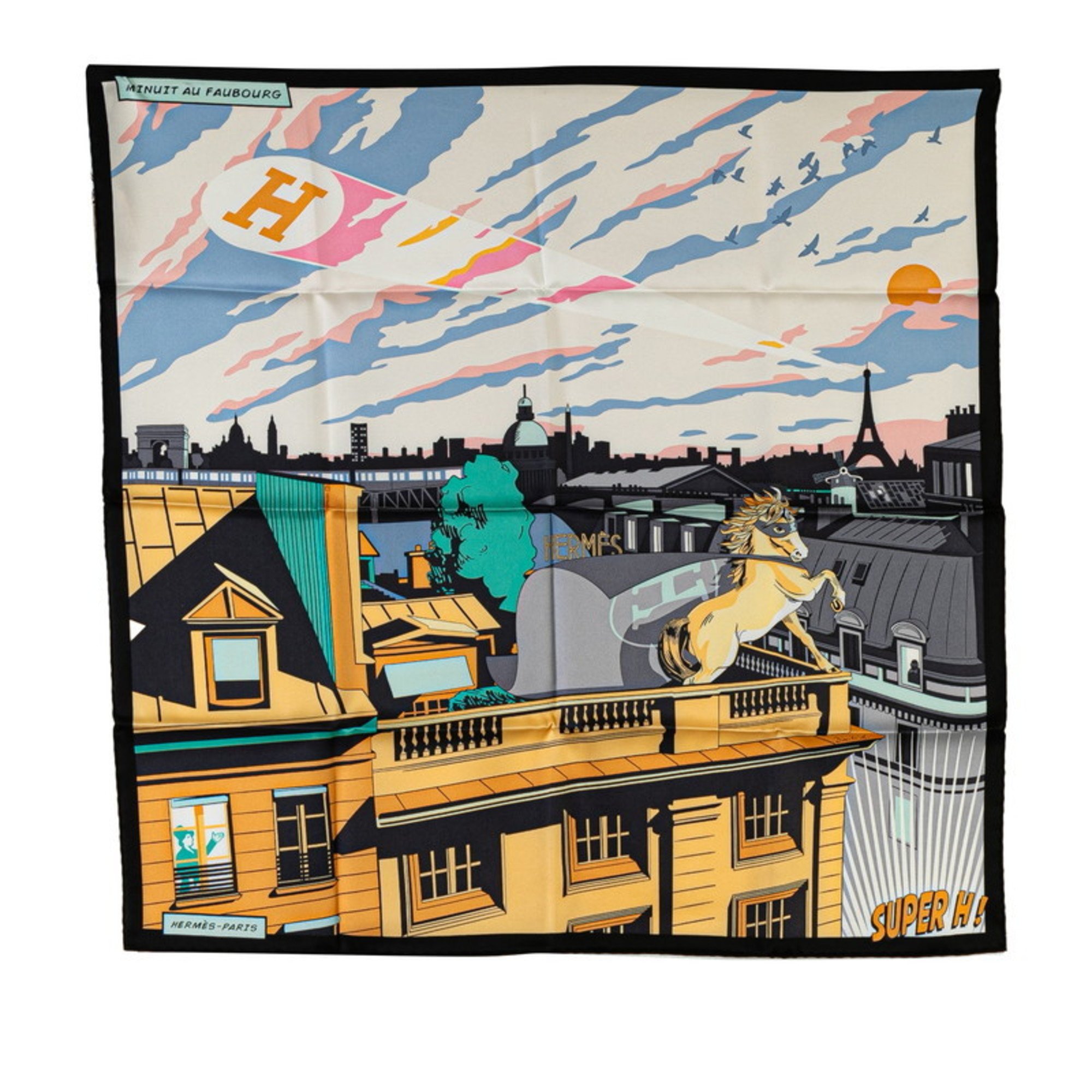 Hermes Carre 70 MINUIT AU FAUBOURG Midnight Faubourg Horse Scarf Muffler Black Multicolor Silk Women's HERMES