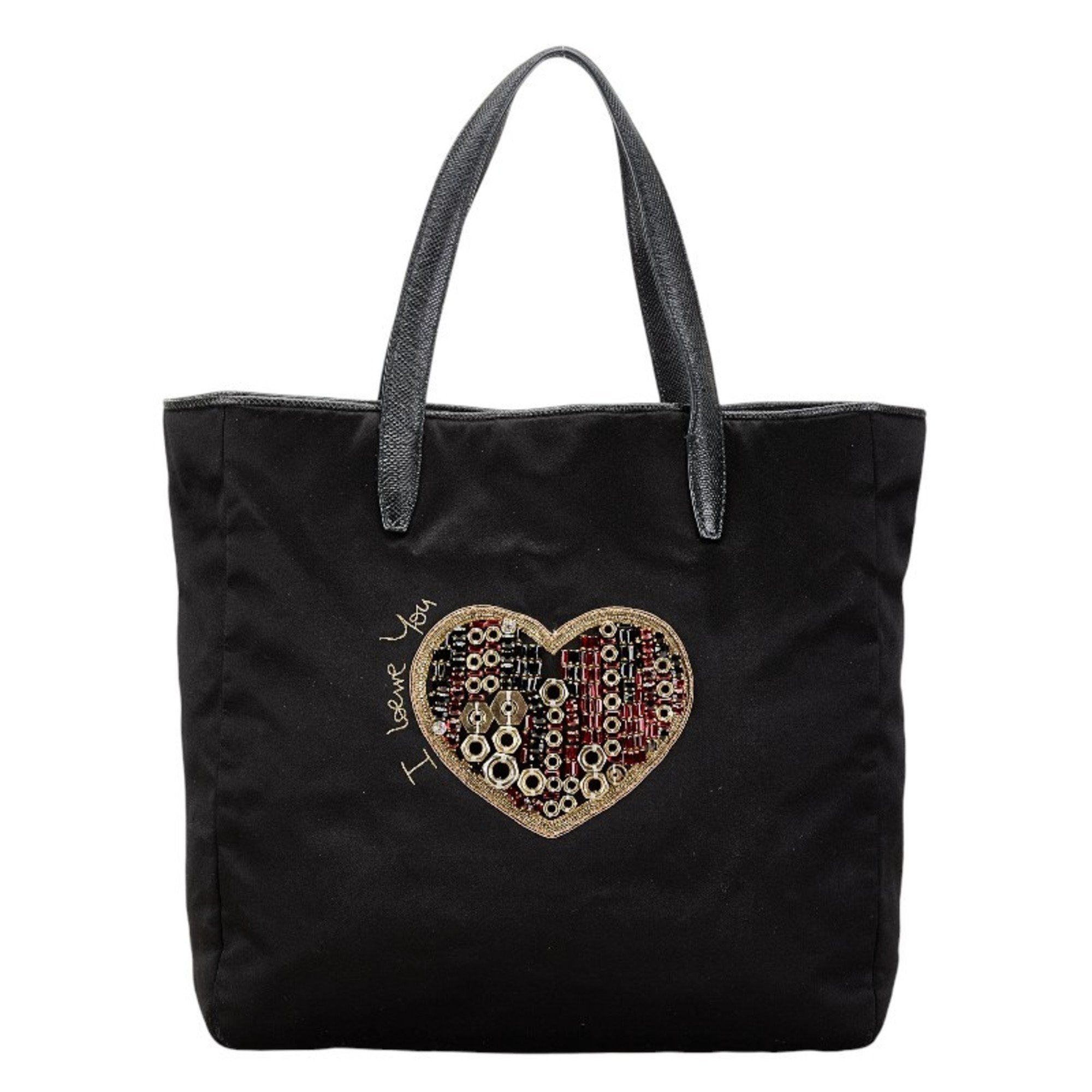 LOEWE Heart Motif Jewel Tote Bag Black Nylon Leather Women's