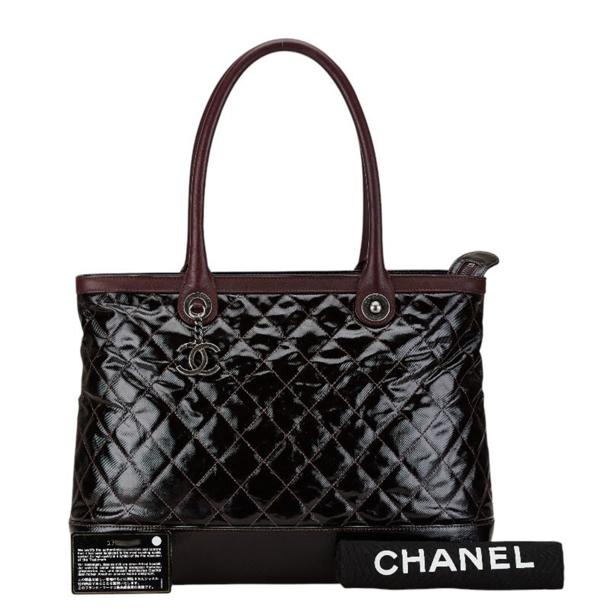 CHANEL Matelasse Coco Mark Tote Bag Wine Red Patent Leather Women's