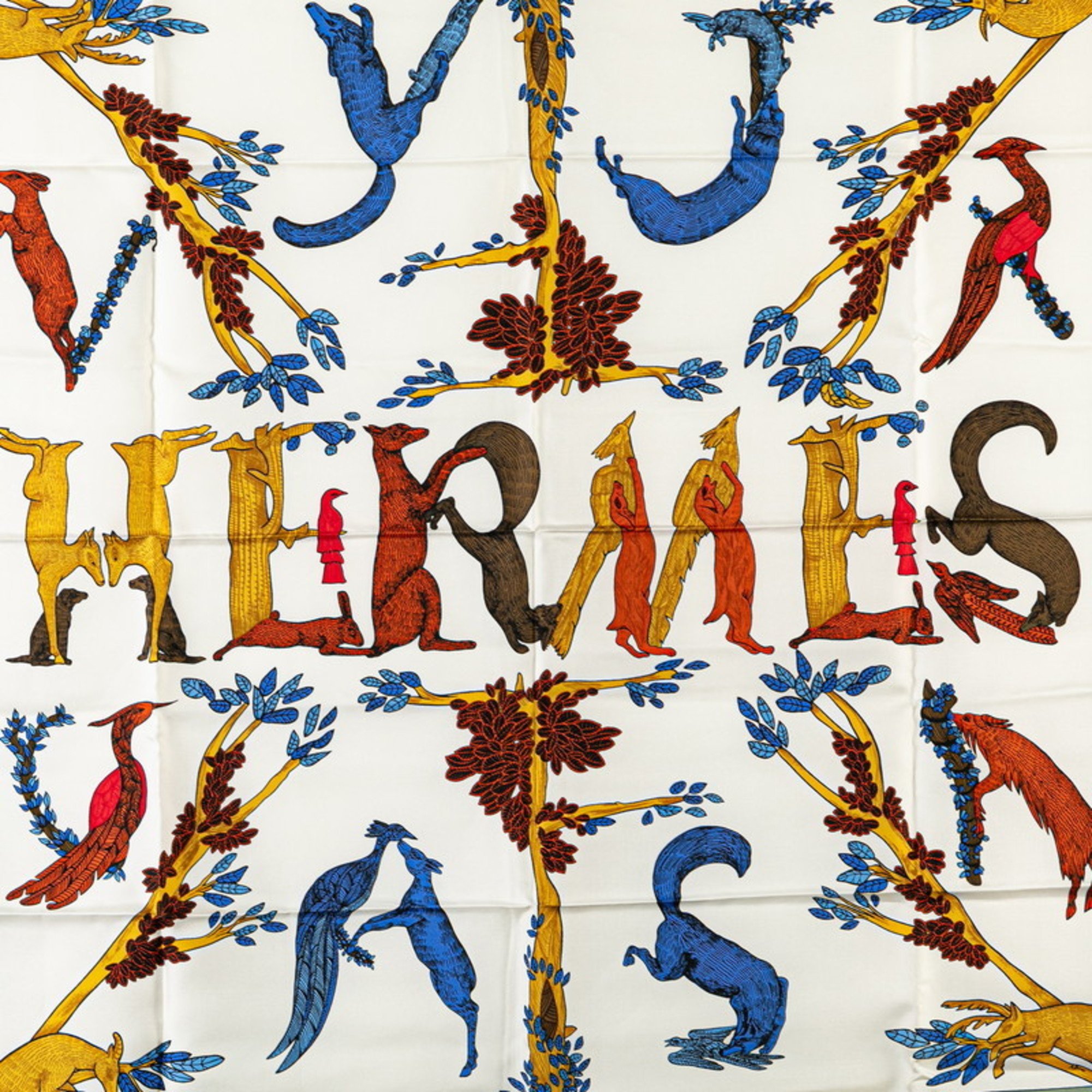 Hermes Carre 90 ANIMAL ALPHABET Alphabet Animal Bird Bandana Scarf Muffler Green Multicolor Silk Women's HERMES