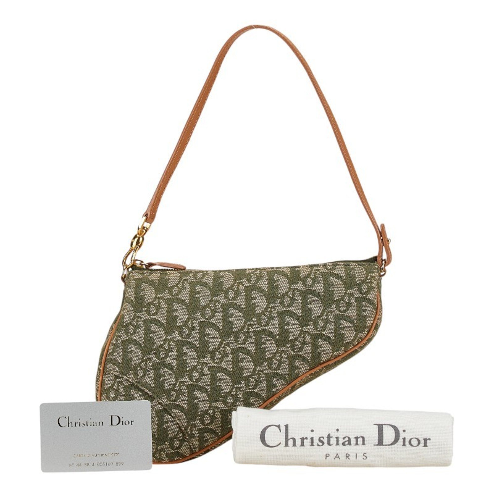 Christian Dior Dior Trotter Saddle Handbag Bag Khaki Green Canvas Leather Women's