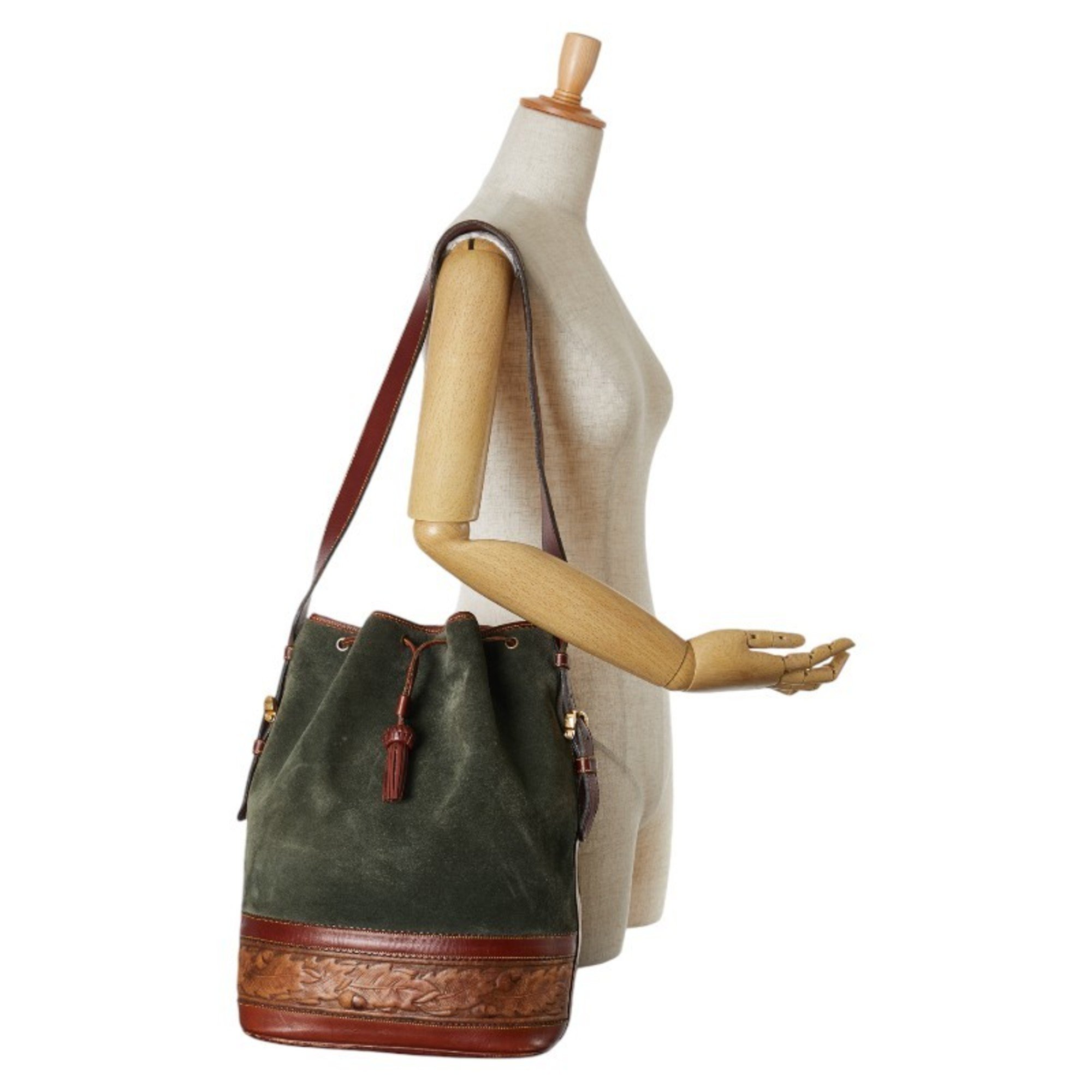 LOEWE Shoulder Bag Khaki Green Brown Leather Suede Women's