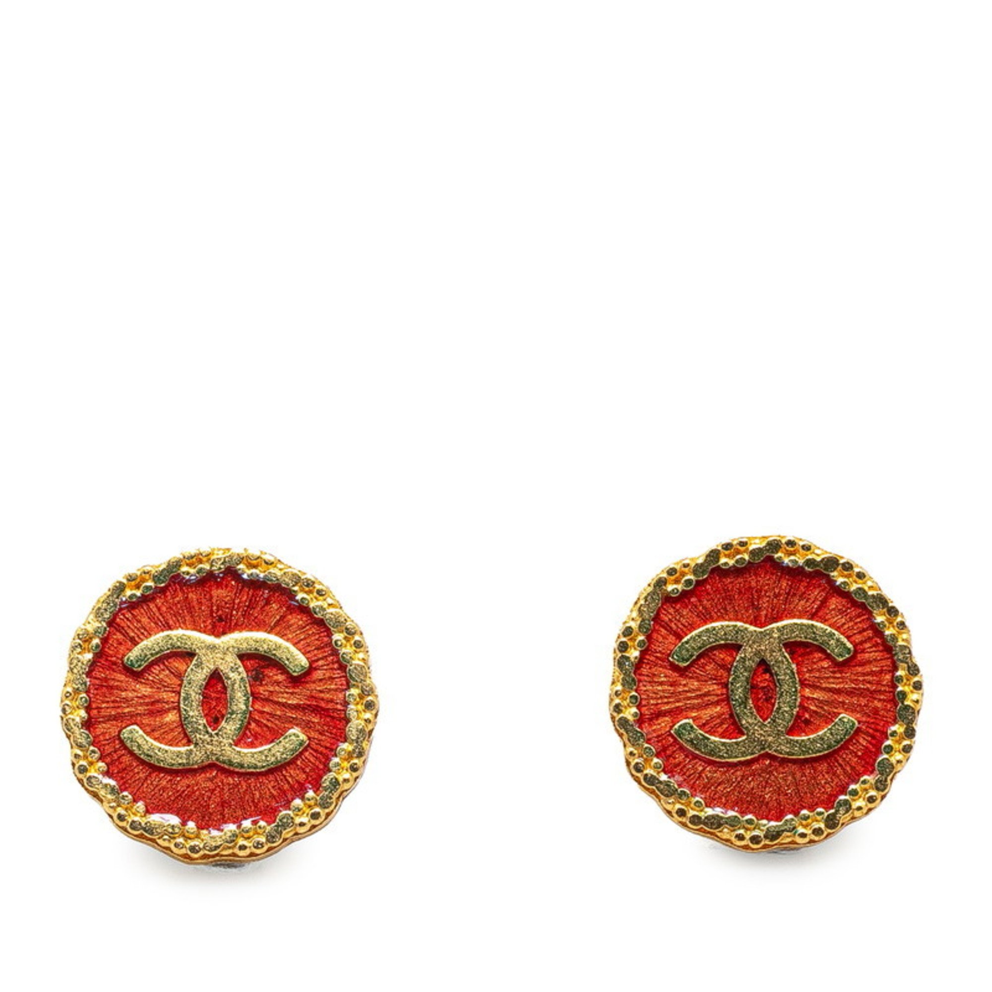 Chanel Coco Mark Earrings Gold Red Plated Women's CHANEL