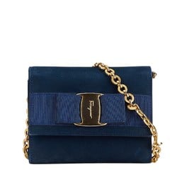 Salvatore Ferragamo Vara Ribbon Chain Shoulder Bag AQ-213202 Navy Nubuck Women's