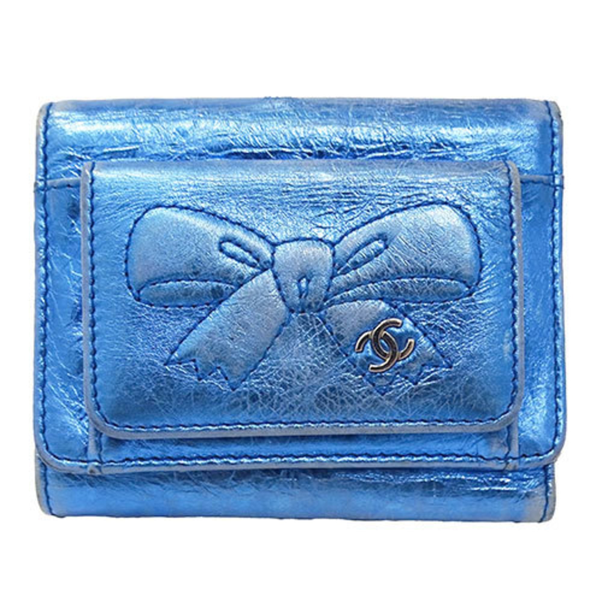 CHANEL Women's Wallet Tri-fold Leather Metallic Blue Ribbon Compact