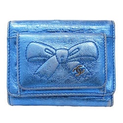 CHANEL Women's Wallet Tri-fold Leather Metallic Blue Ribbon Compact