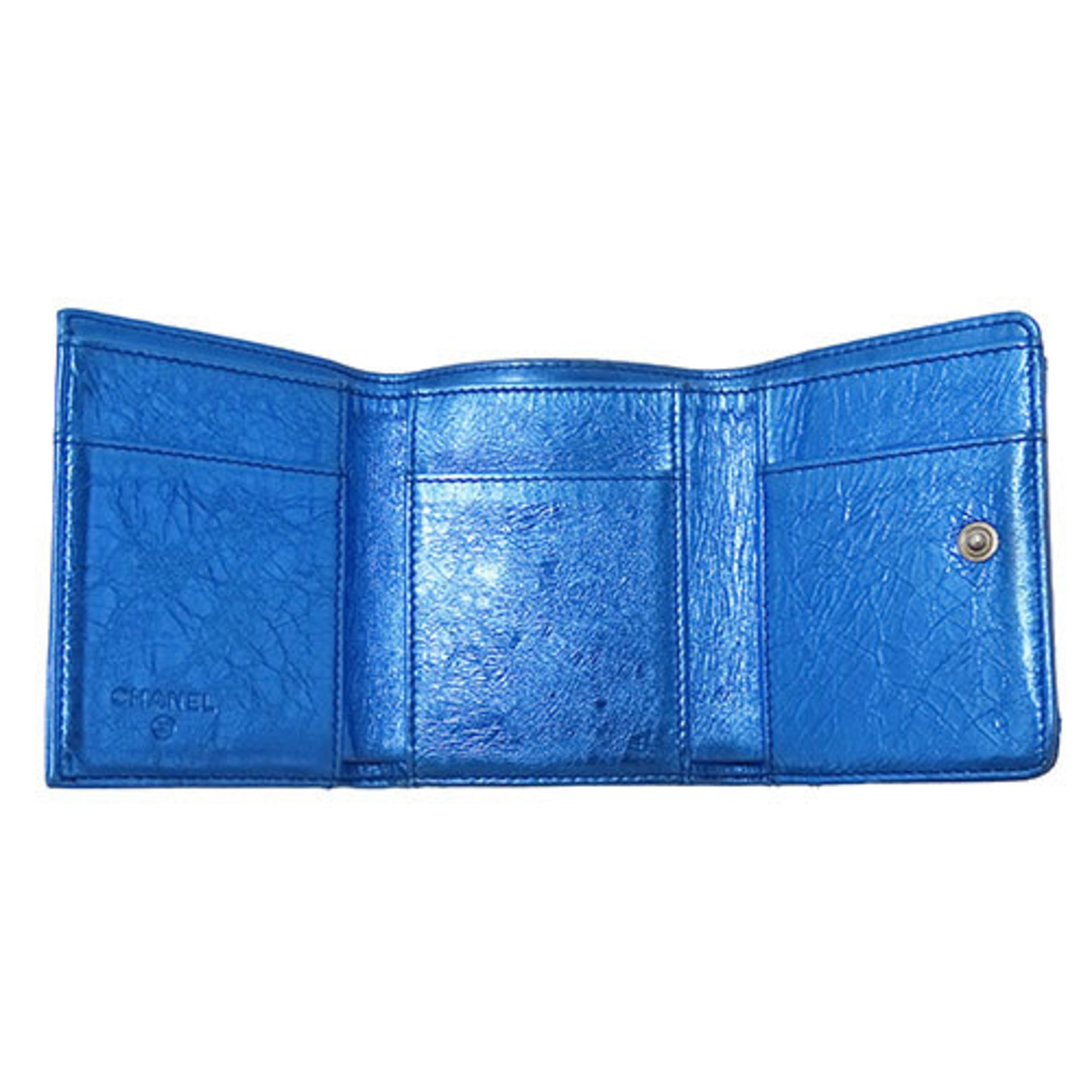 CHANEL Women's Wallet Tri-fold Leather Metallic Blue Ribbon Compact