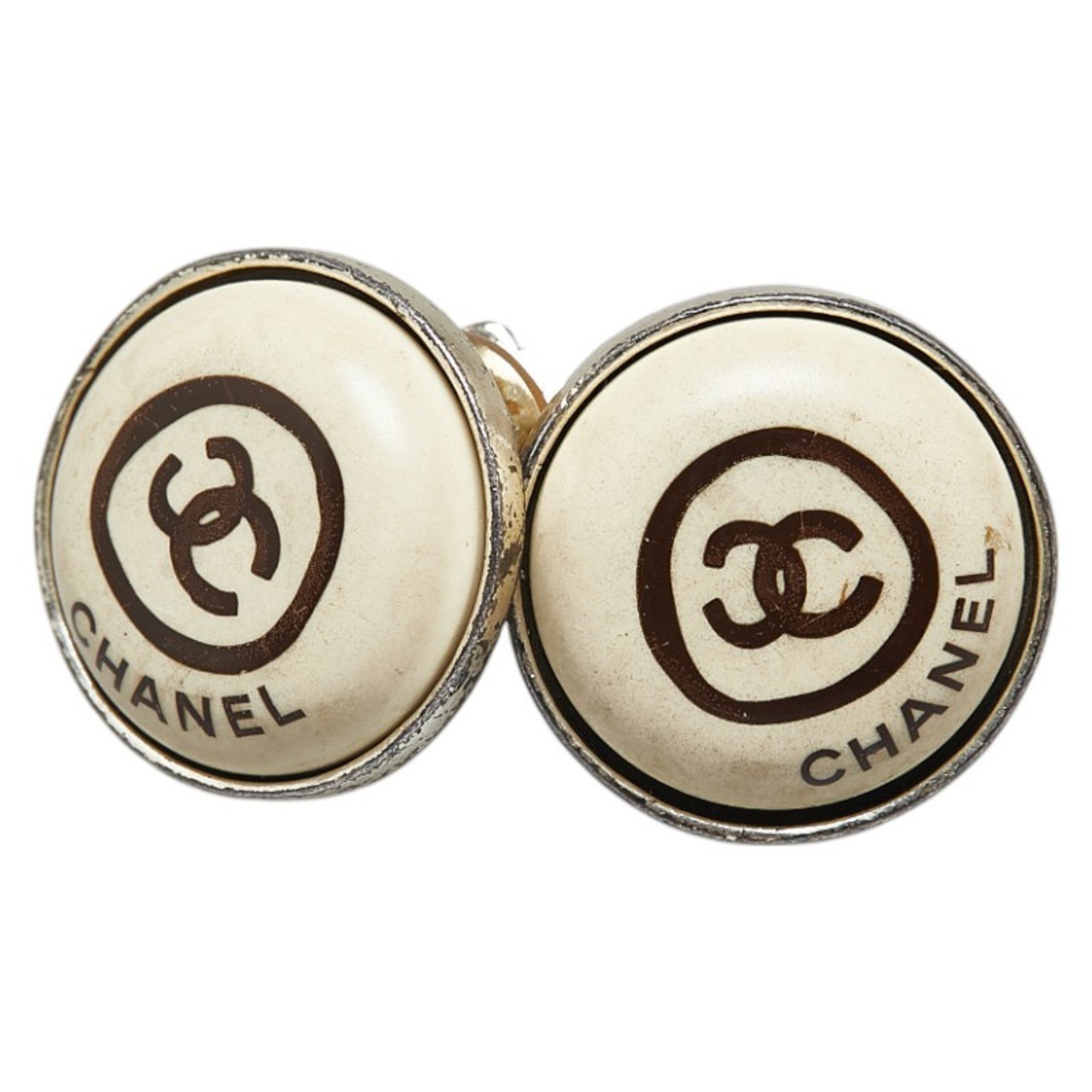 Chanel Coco Mark Earrings Silver Beige Metal Women's CHANEL