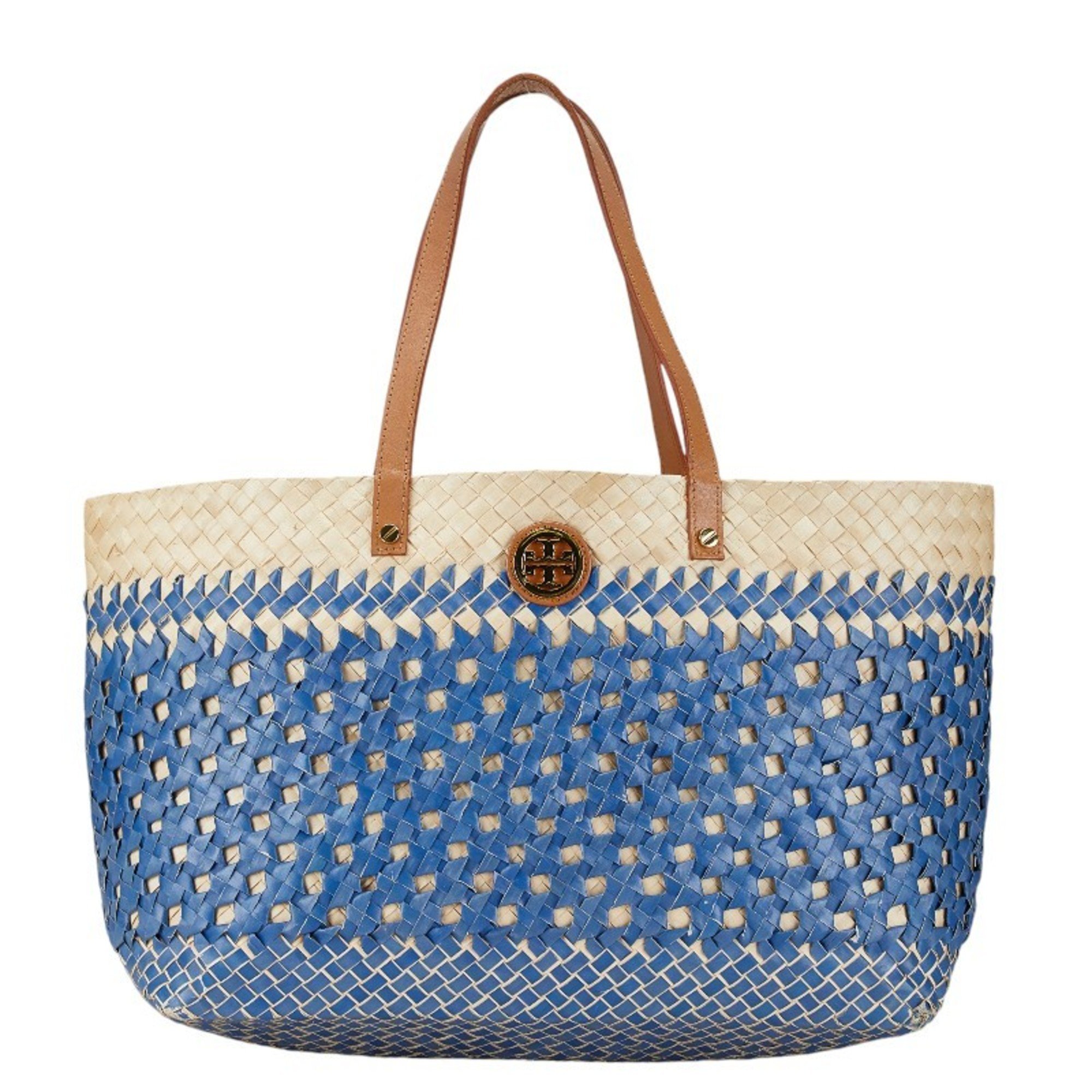 Tory Burch Tote Bag Basket Blue Beige Raffia Leather Women's