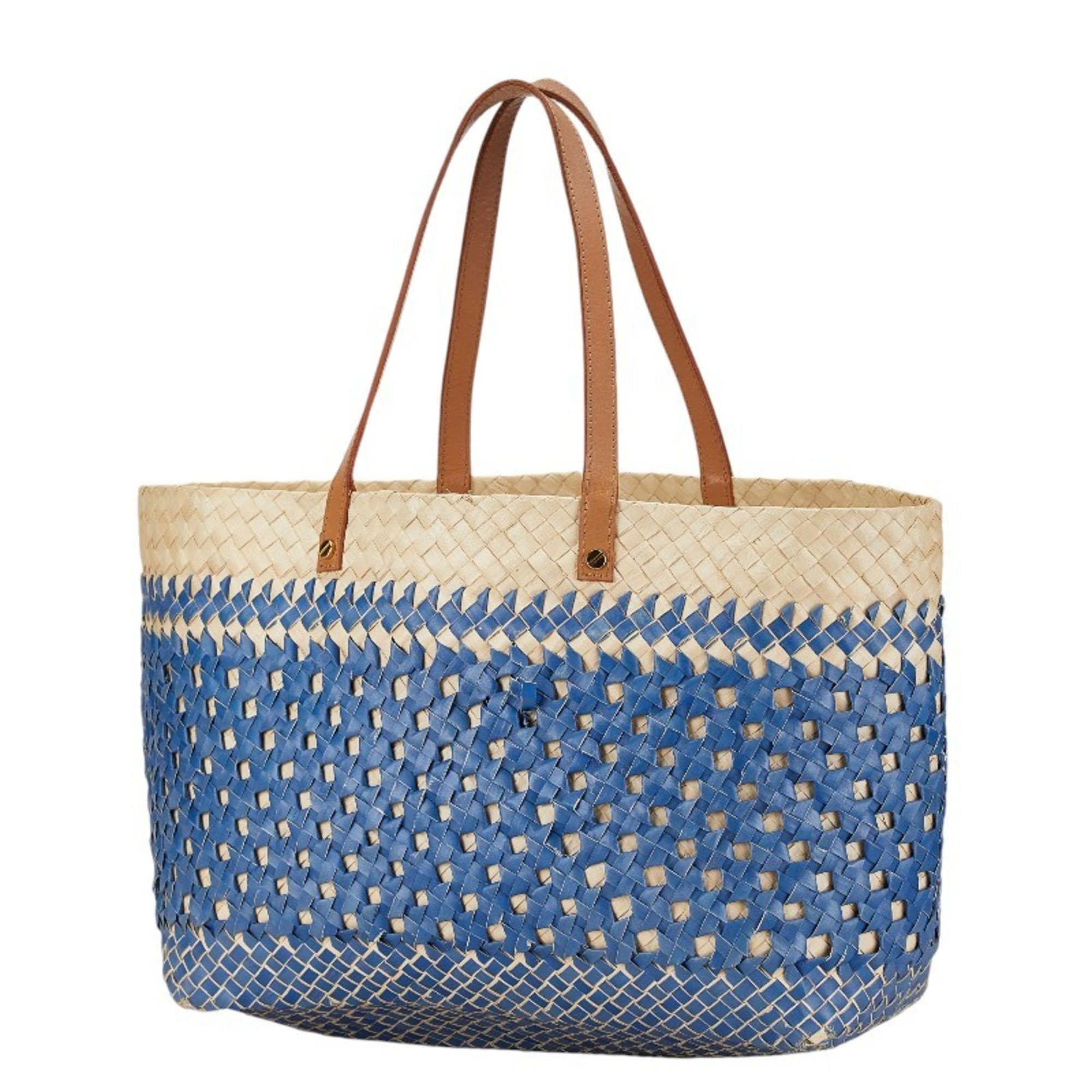 Tory Burch Tote Bag Basket Blue Beige Raffia Leather Women's