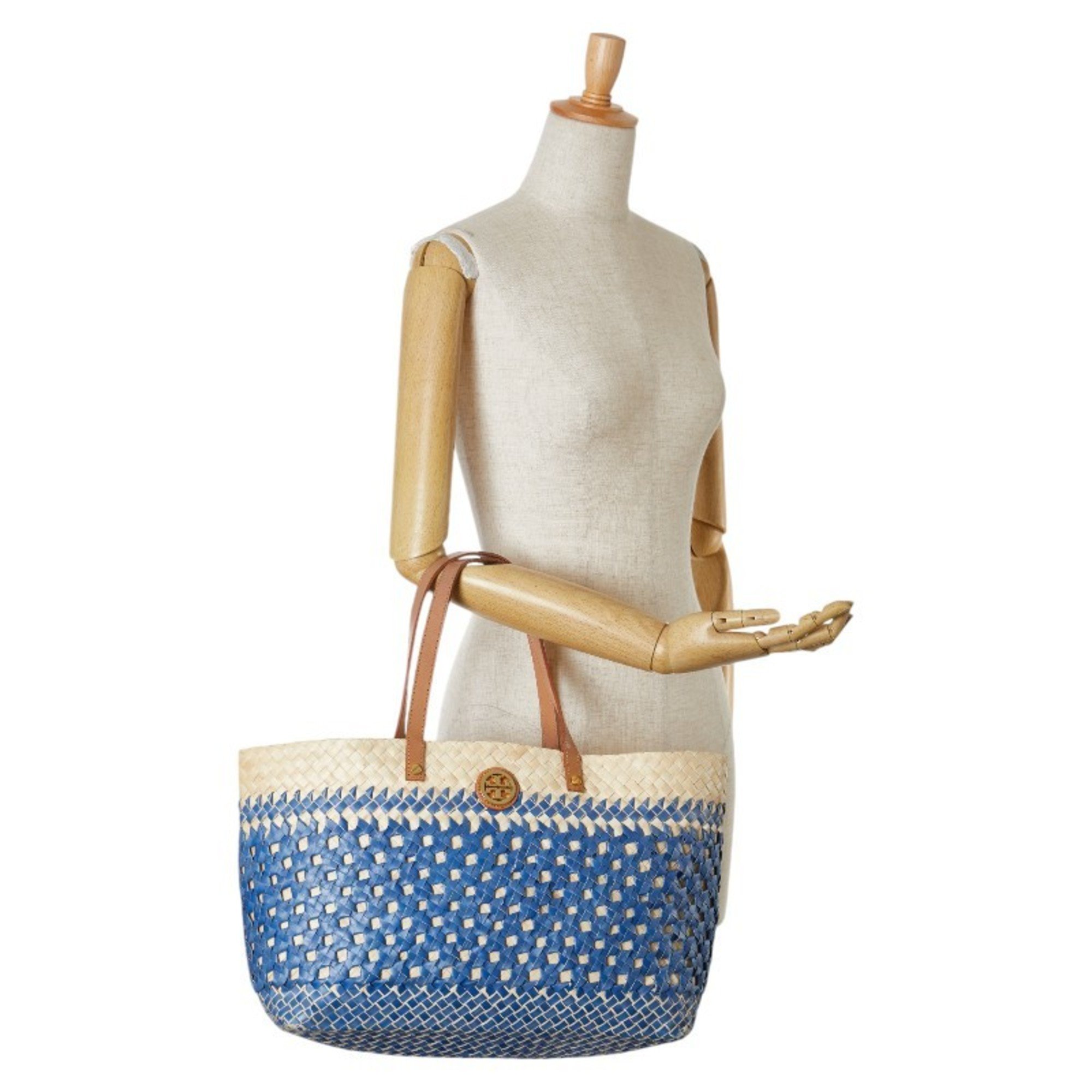 Tory Burch Tote Bag Basket Blue Beige Raffia Leather Women's