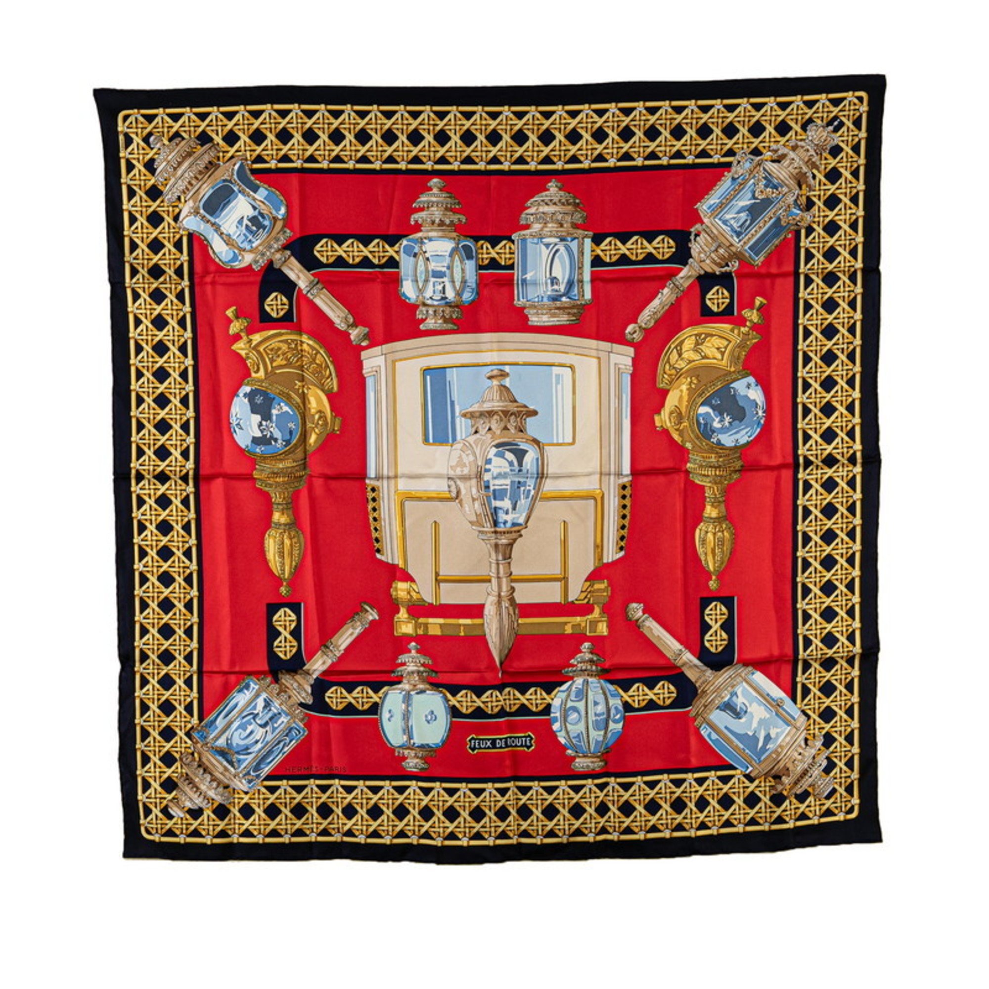 Hermes Carre 90 FEUX DE ROUTE Carriage Lantern Scarf Muffler Red Navy Multicolor Silk Women's HERMES