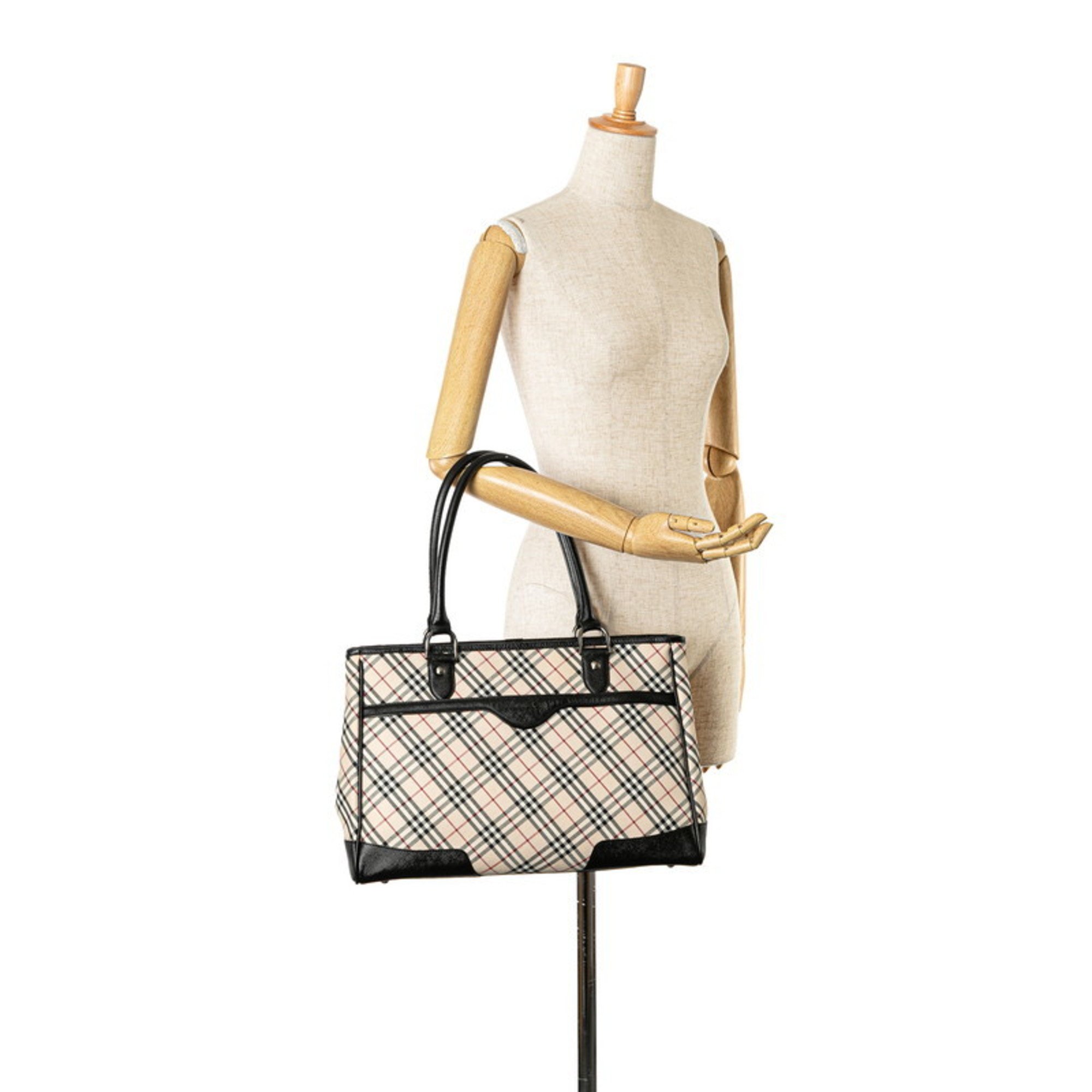 Burberry Nova Check Tote Bag Beige Black Canvas Leather Women's BURBERRY