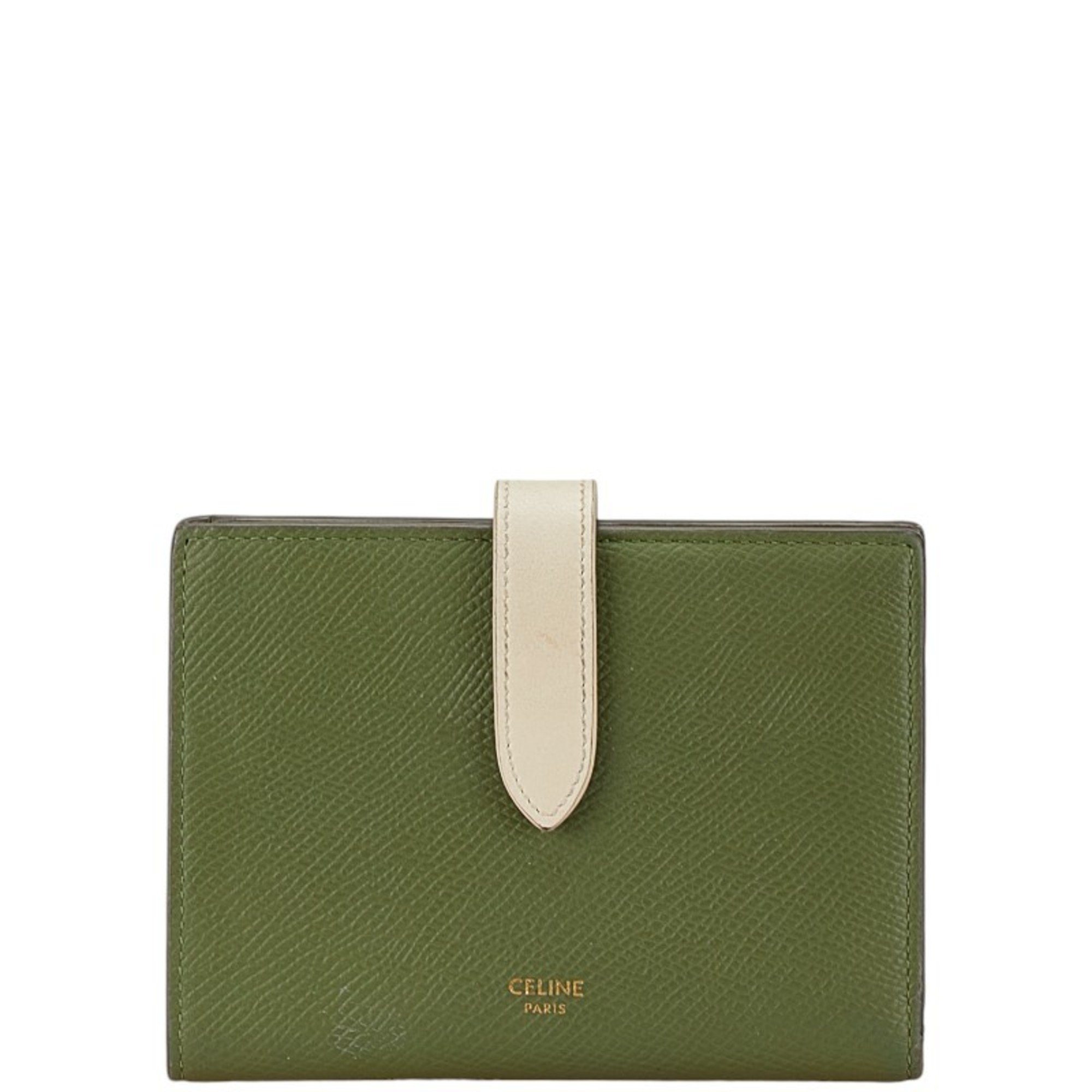 CELINE Medium Strap Wallet Bi-fold Green White Leather Women's