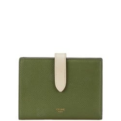 CELINE Medium Strap Wallet Bi-fold Green White Leather Women's