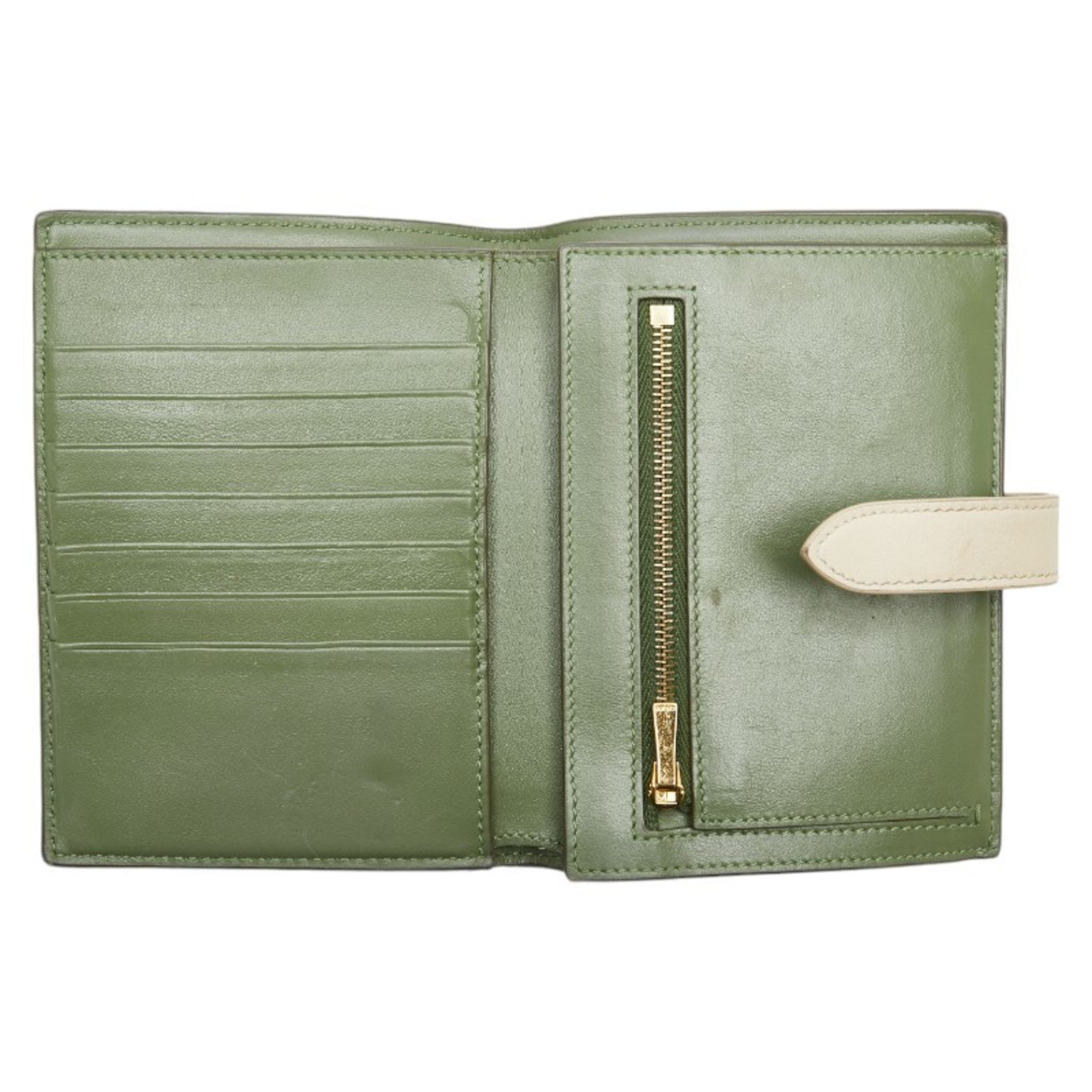 CELINE Medium Strap Wallet Bi-fold Green White Leather Women's