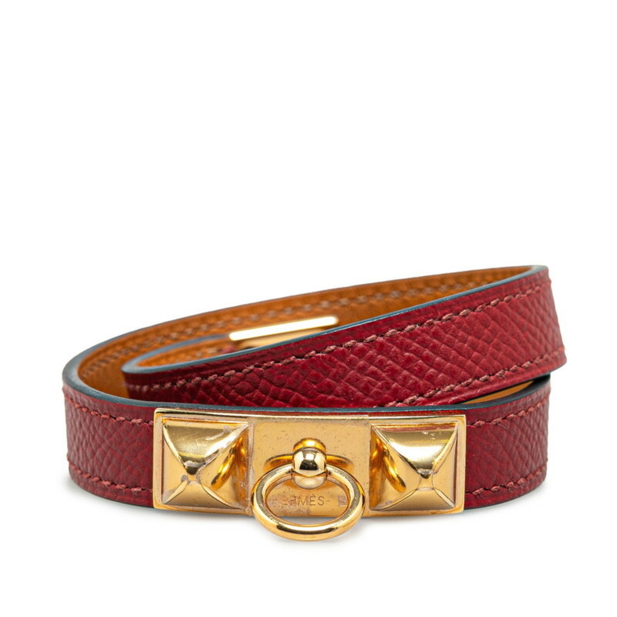 Hermes Rival Collier de Chien Double Tour 2-row bracelet wine red gold Epsom leather for women HERMES