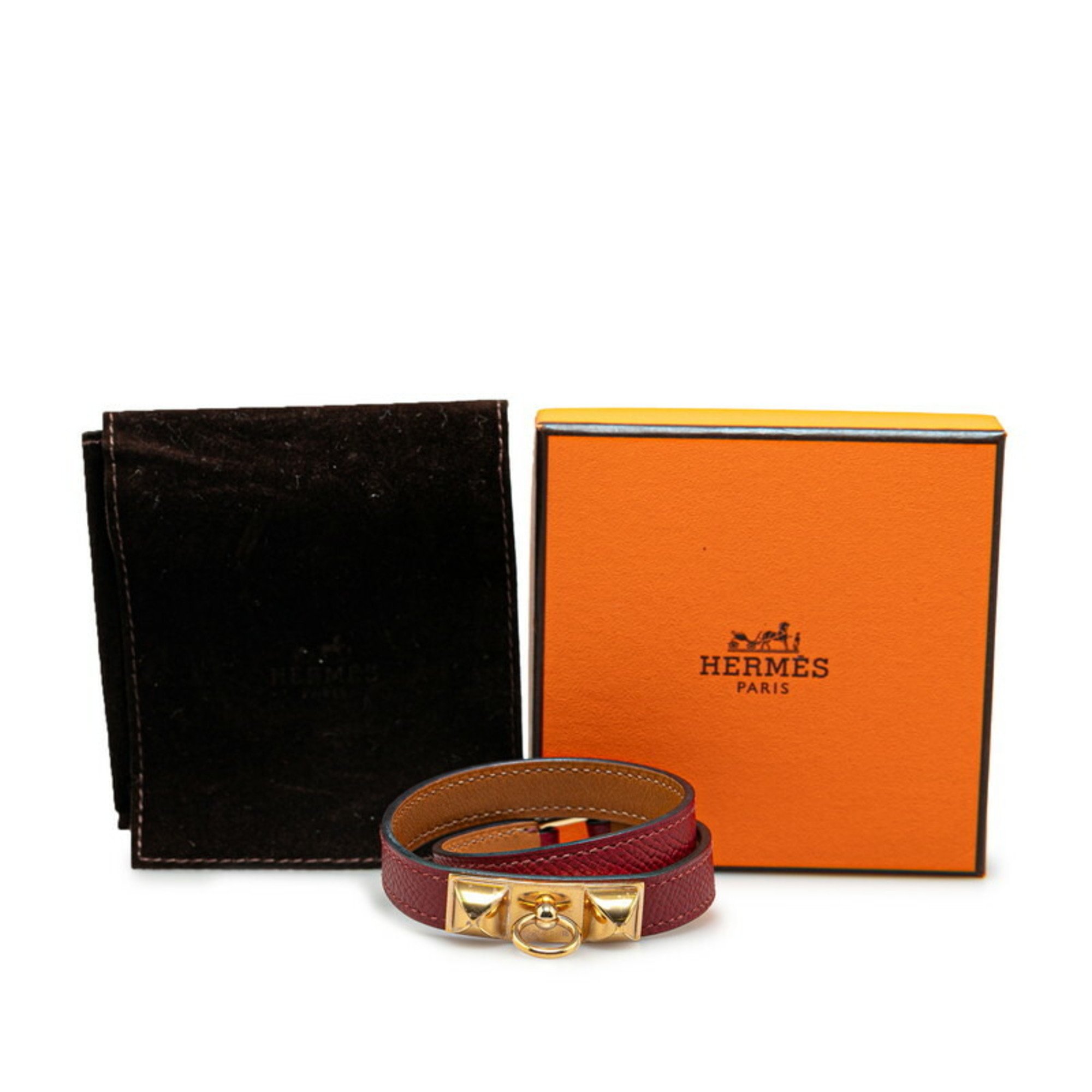 Hermes Rival Collier de Chien Double Tour 2-row bracelet wine red gold Epsom leather for women HERMES