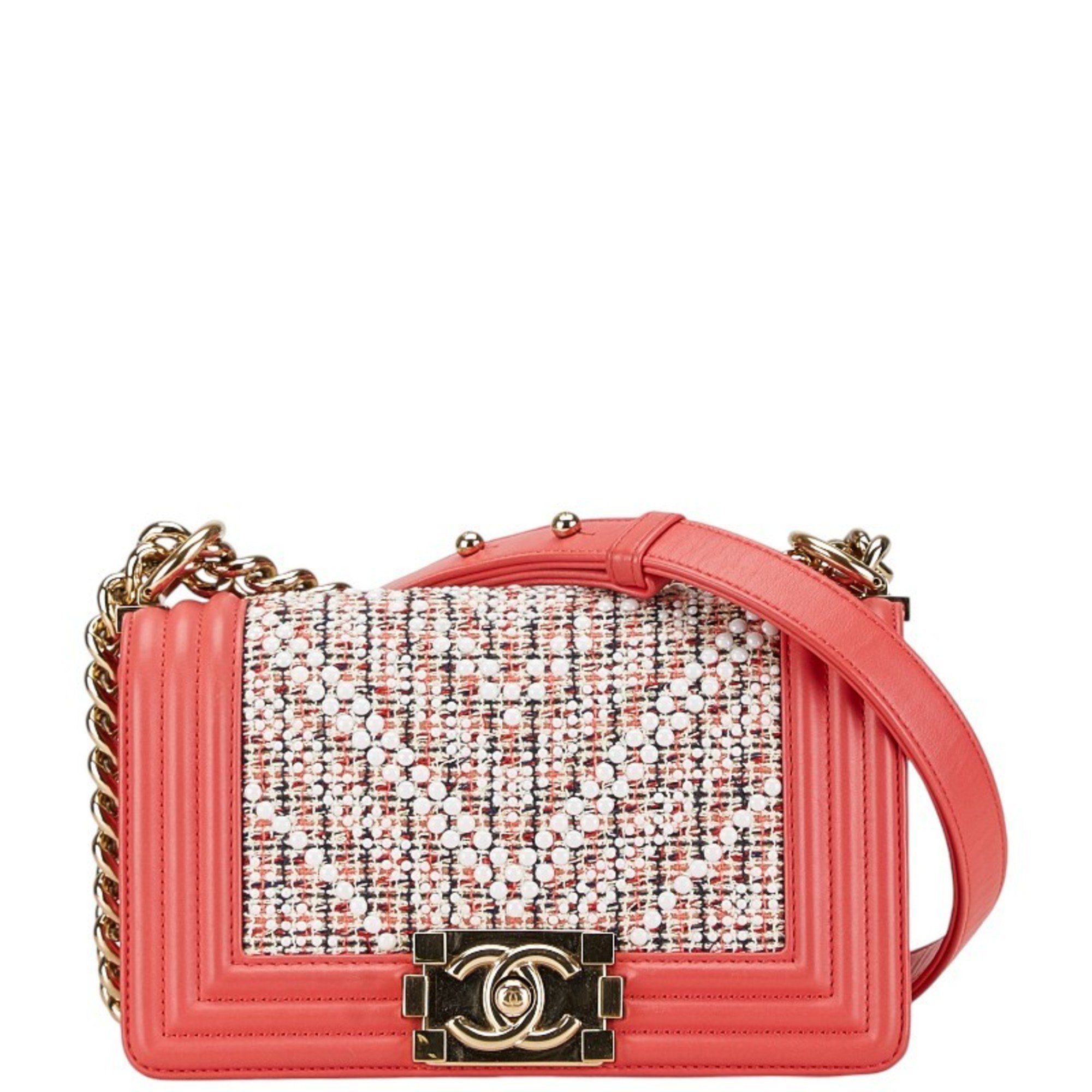 Chanel Boy Coco Mark Chain Shoulder Bag Pink White Multicolor Tweed Leather Women's CHANEL