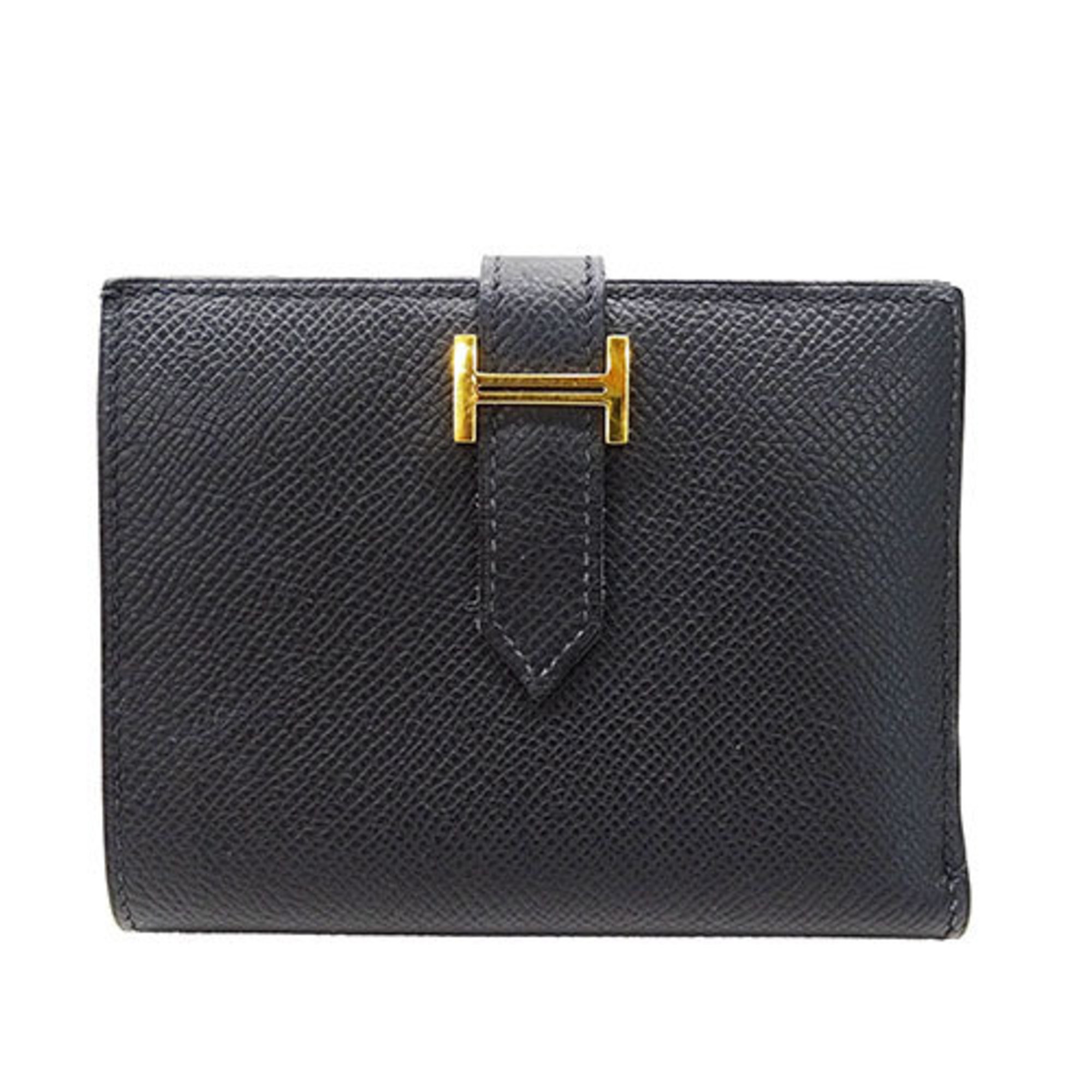 Hermes HERMES Wallet Bearn Compact Women's Men's Bi-fold Veau Epsom Black □I Engraved