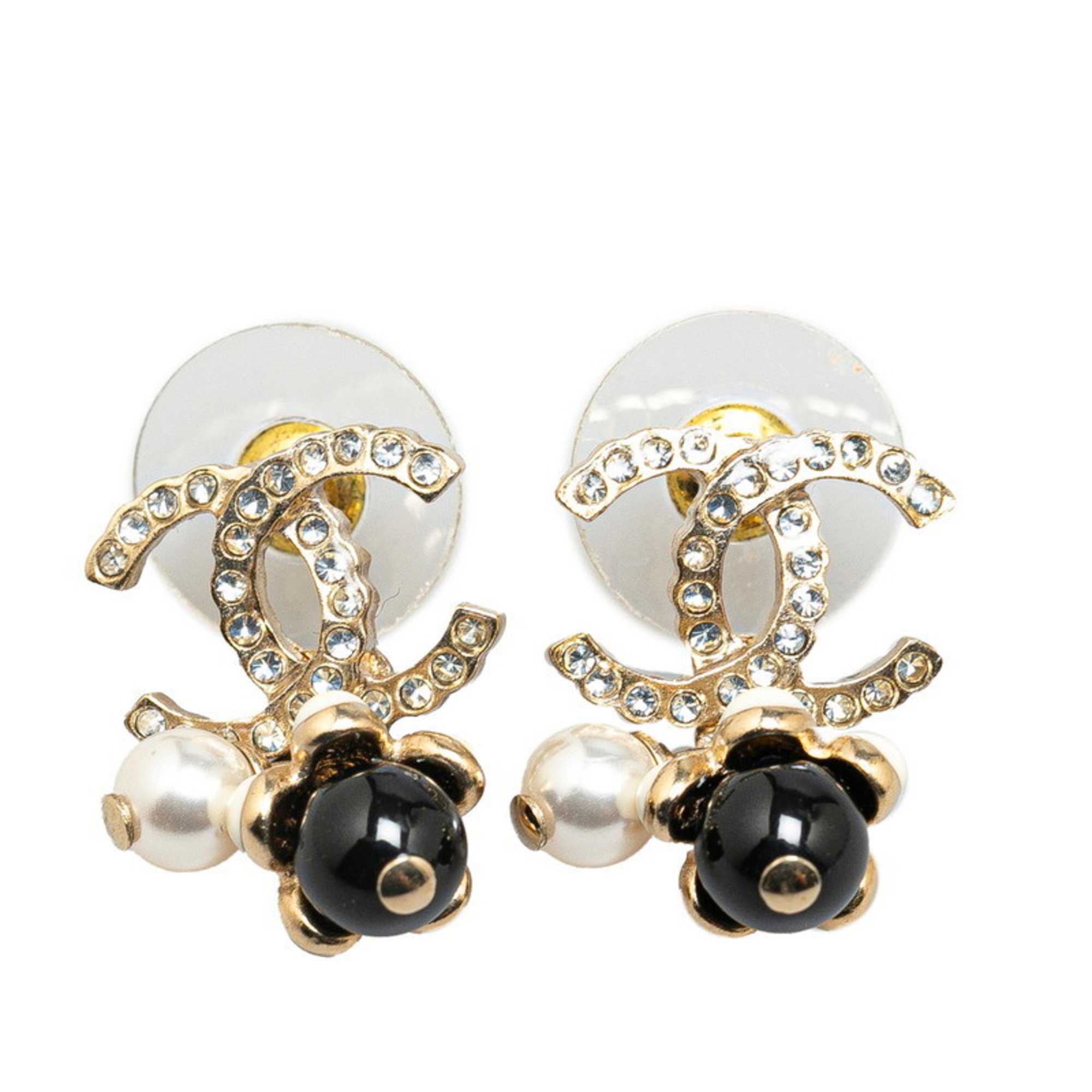 Chanel Coco Mark Rhinestone Flower Motif Earrings Gold Plated Women's CHANEL