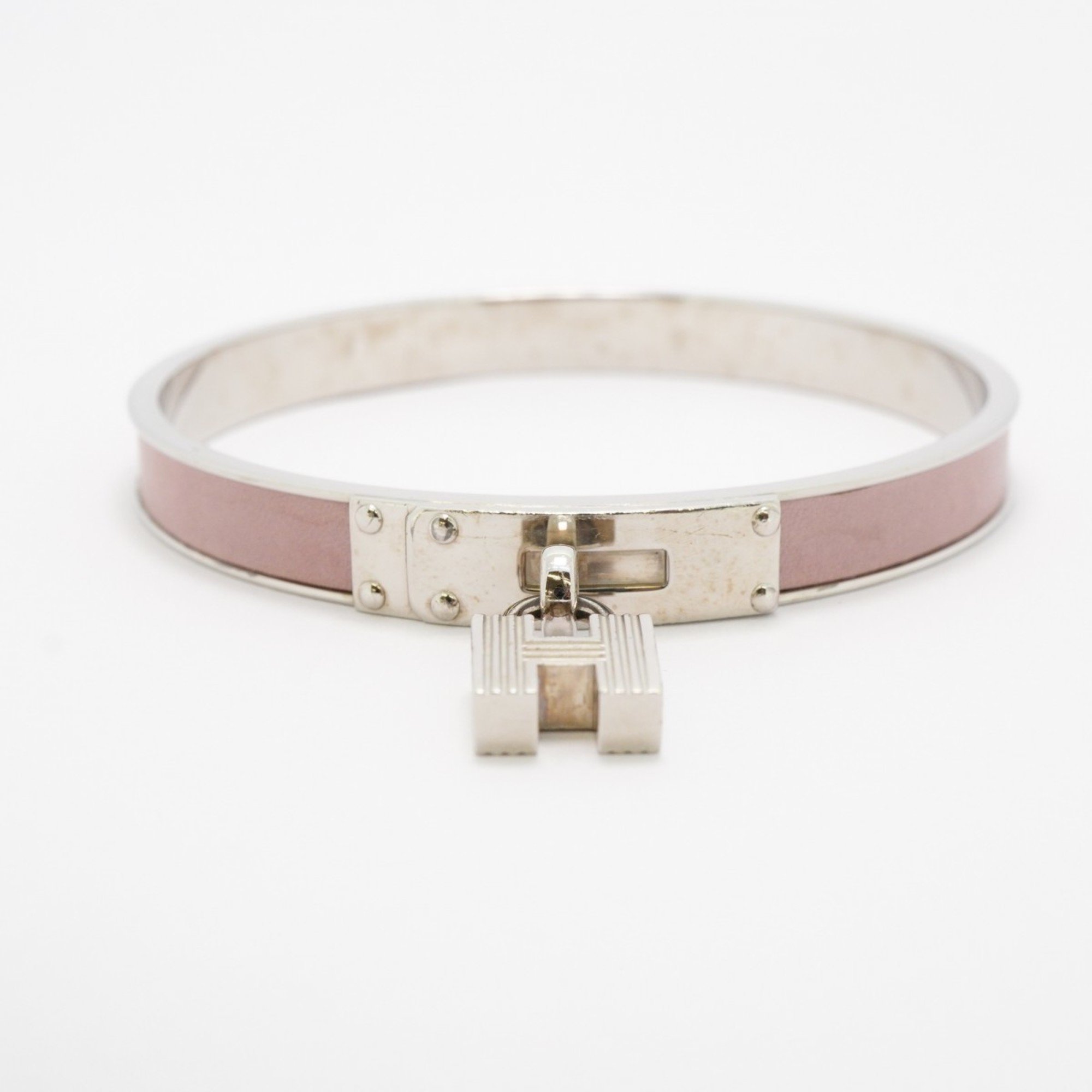 Hermes Bangle Kelly Metal Leather Silver Pink Ladies