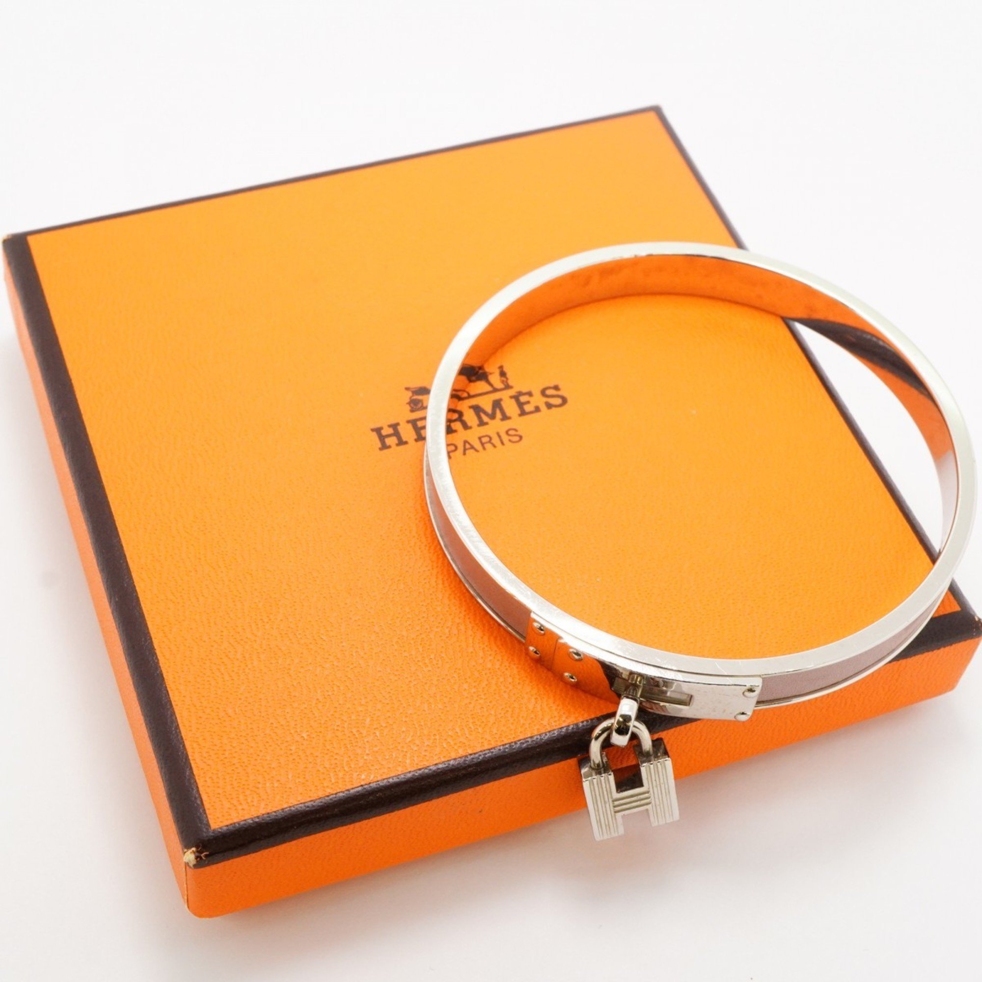 Hermes Bangle Kelly Metal Leather Silver Pink Ladies