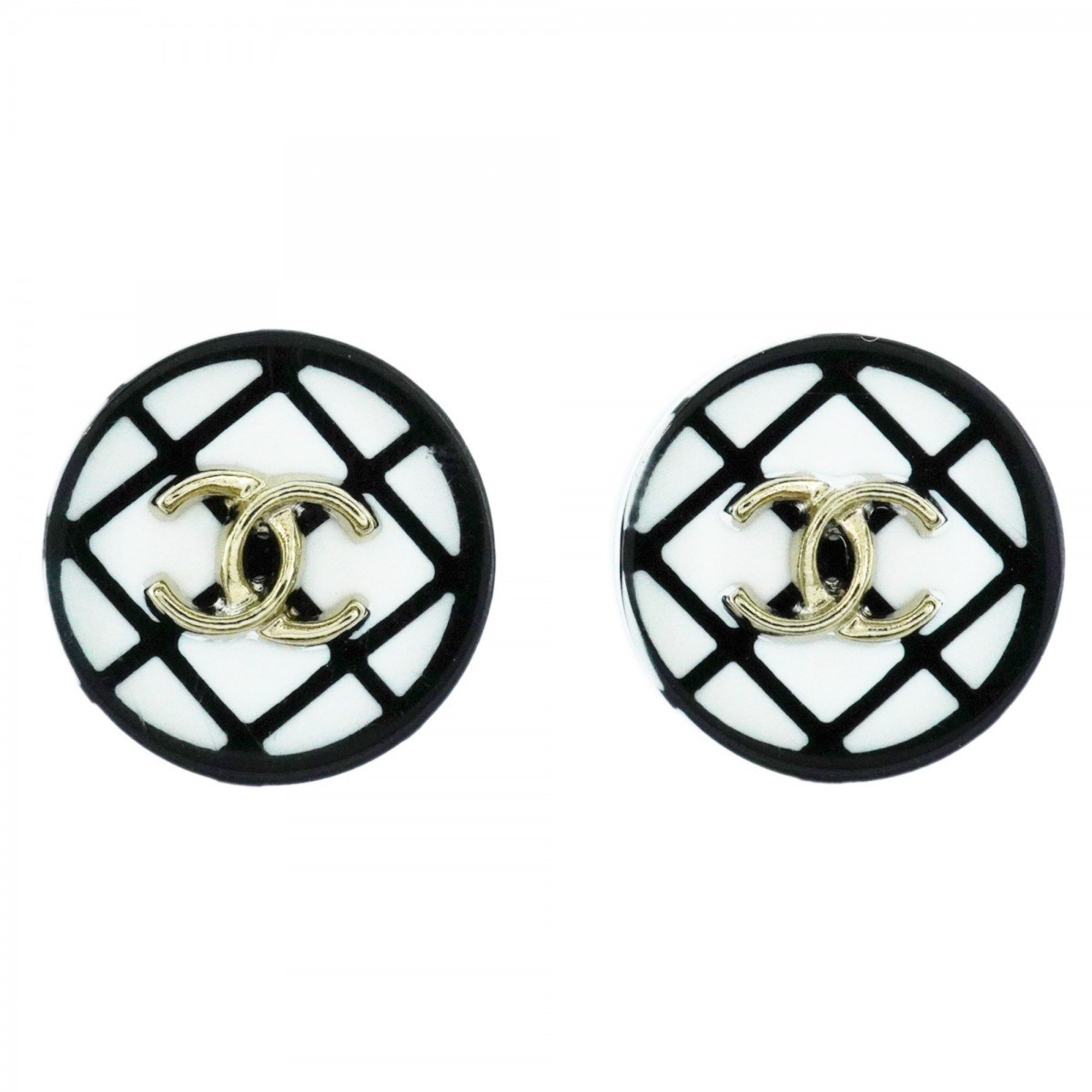 Chanel Earrings Coco Mark Matelasse Circle Plastic GP Plated Champagne Gold White Black Ladies