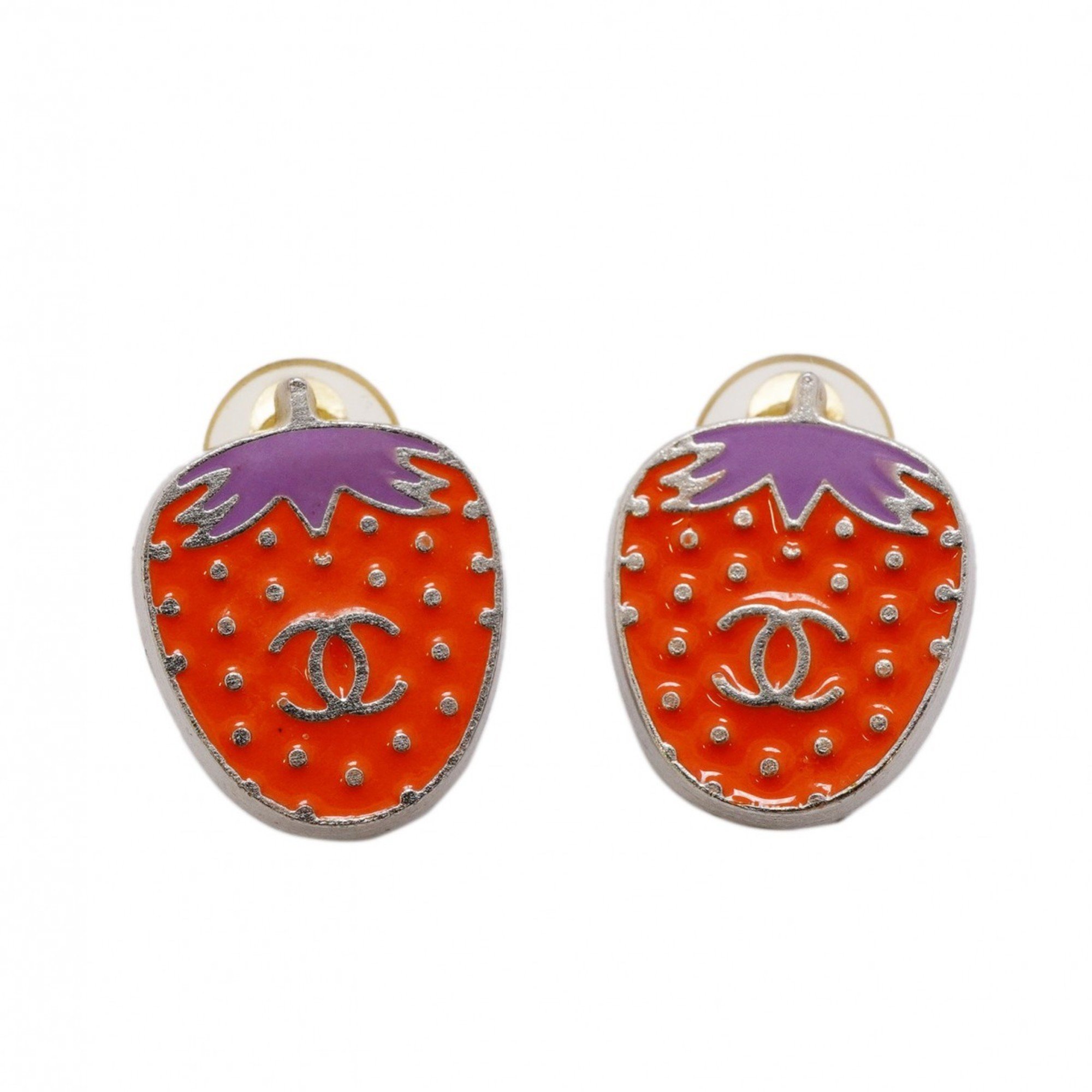 Chanel Earrings Coco Mark Strawberry Metal Silver Red Purple Ladies