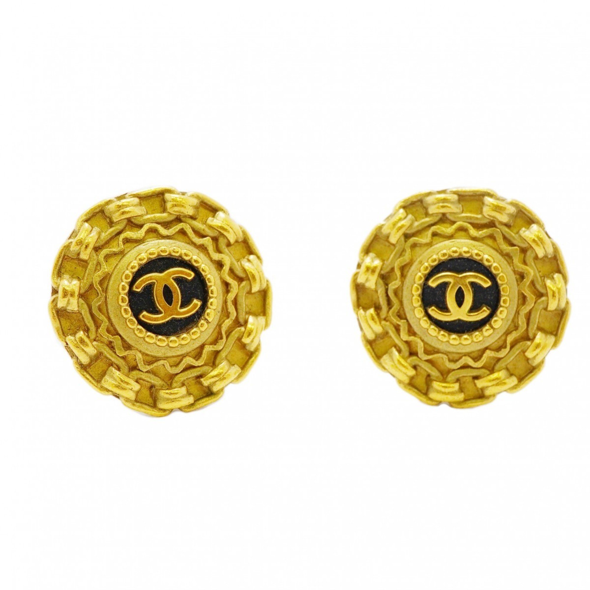 Chanel Earrings Coco Mark Circle GP Plated Gold Black Ladies